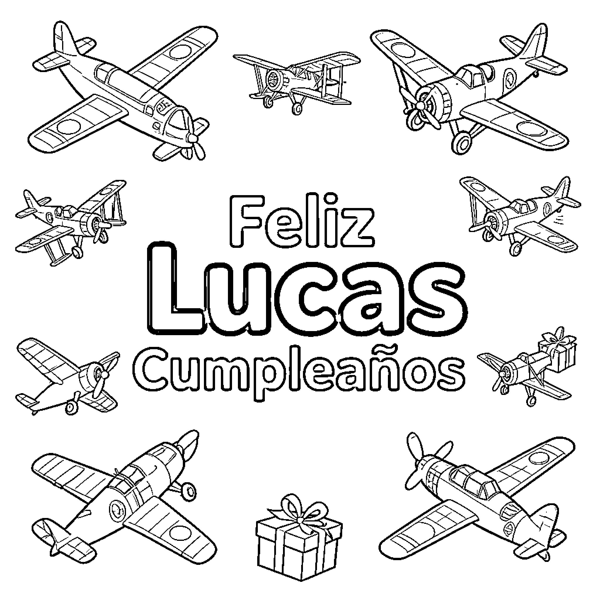 Lucas' Joyful Aircraft Birthday Celebration Coloring Page (free black-and-white line drawing printable PDF for all, from beginners to advanced learners, including children, teens, adults, and seniors)