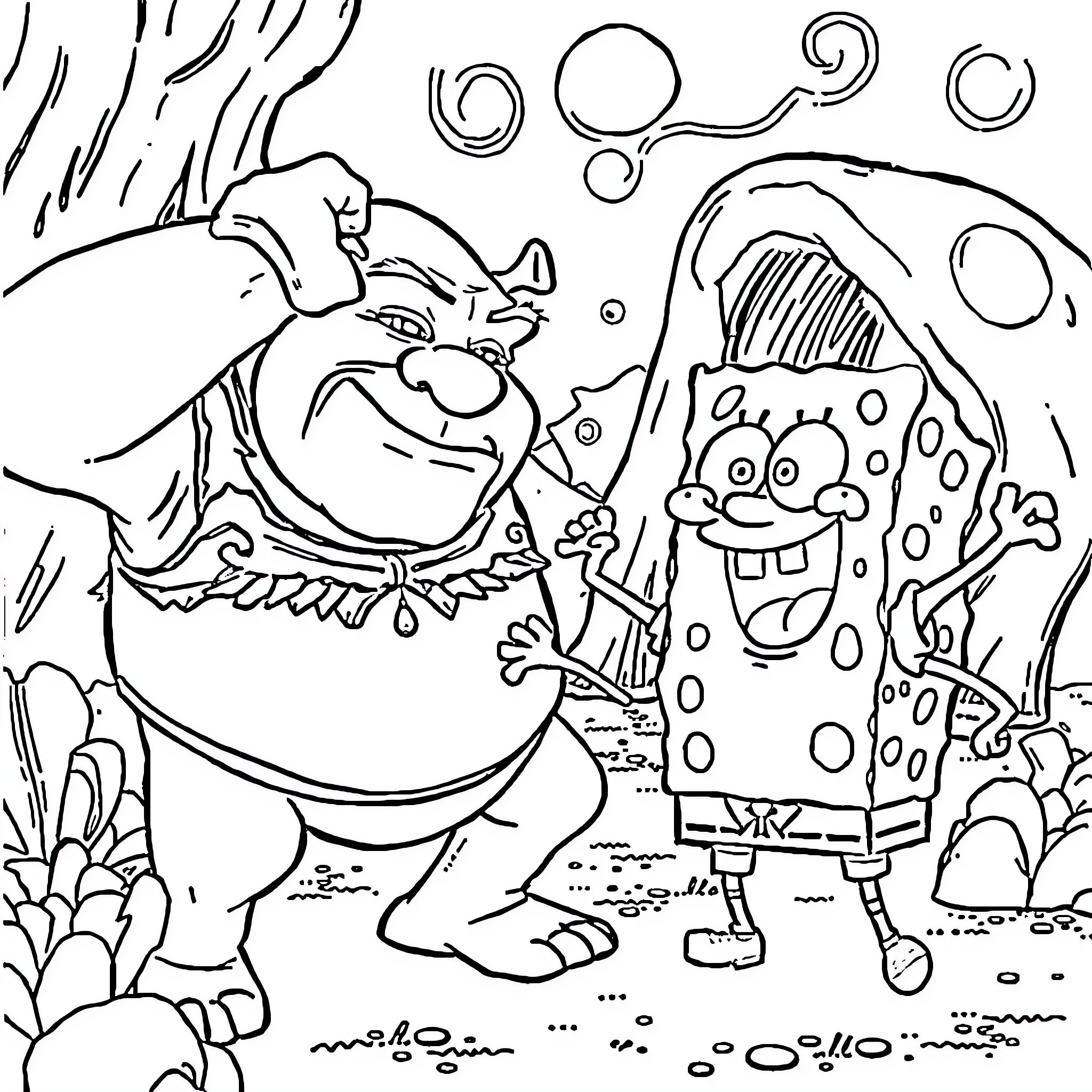 Shrek and SpongeBob in a whimsical underwater scene Coloring Page (free black-and-white line drawing printable PDF for all, from beginners to advanced learners, including children, teens, adults, and seniors)