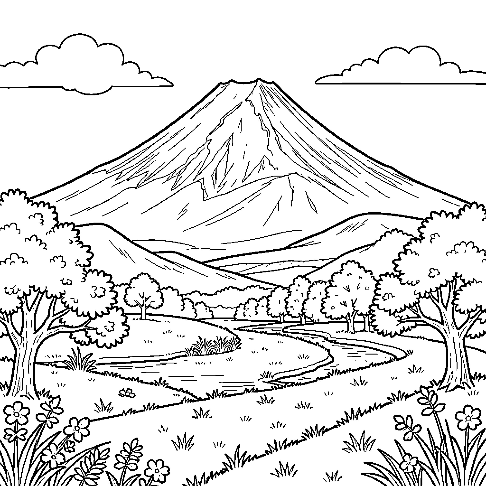 Mount Fuji and tranquil landscape Coloring Page (free black-and-white line drawing printable PDF for all, from beginners to advanced learners, including children, teens, adults, and seniors)