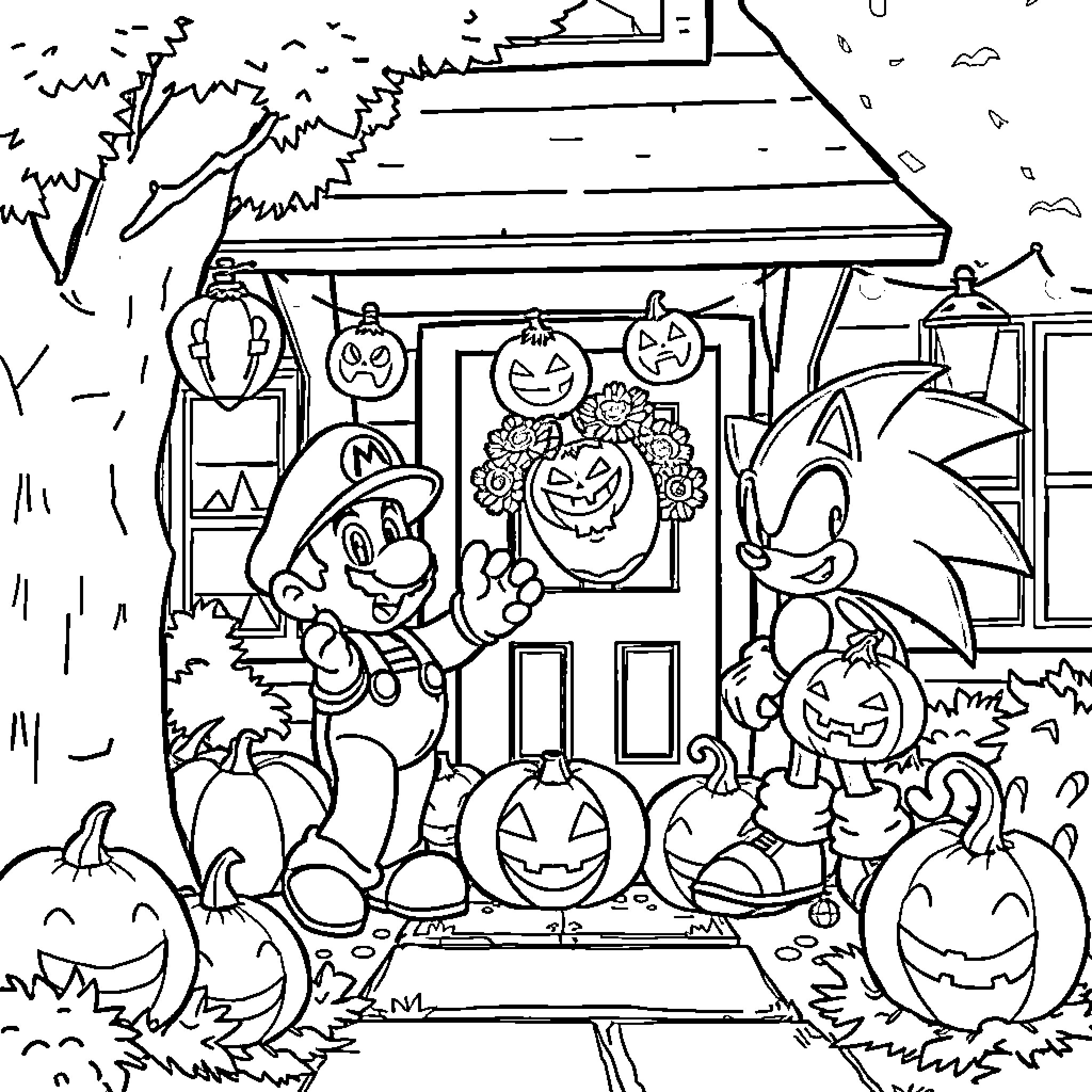 Mario and friends celebrate Halloween with jack-o'-lanterns Coloring Page (free black-and-white line drawing printable PDF for all, from beginners to advanced learners, including children, teens, adults, and seniors)