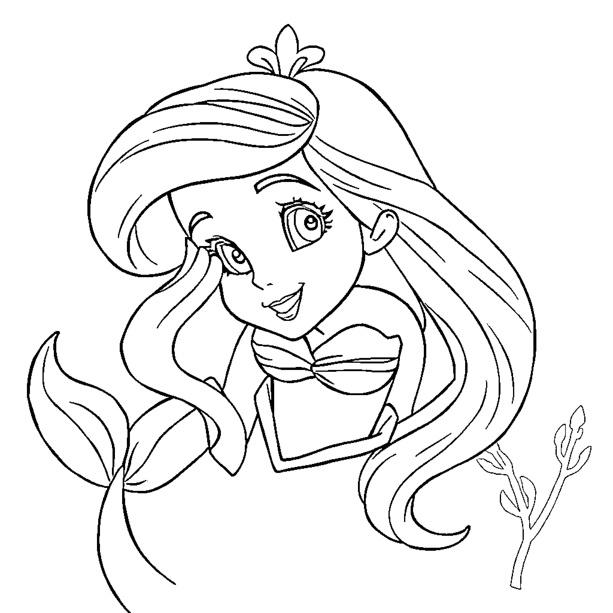 Ariel joyfully swimming in the sea Coloring Page (free black-and-white line drawing printable PDF for all, from beginners to advanced learners, including children, teens, adults, and seniors)