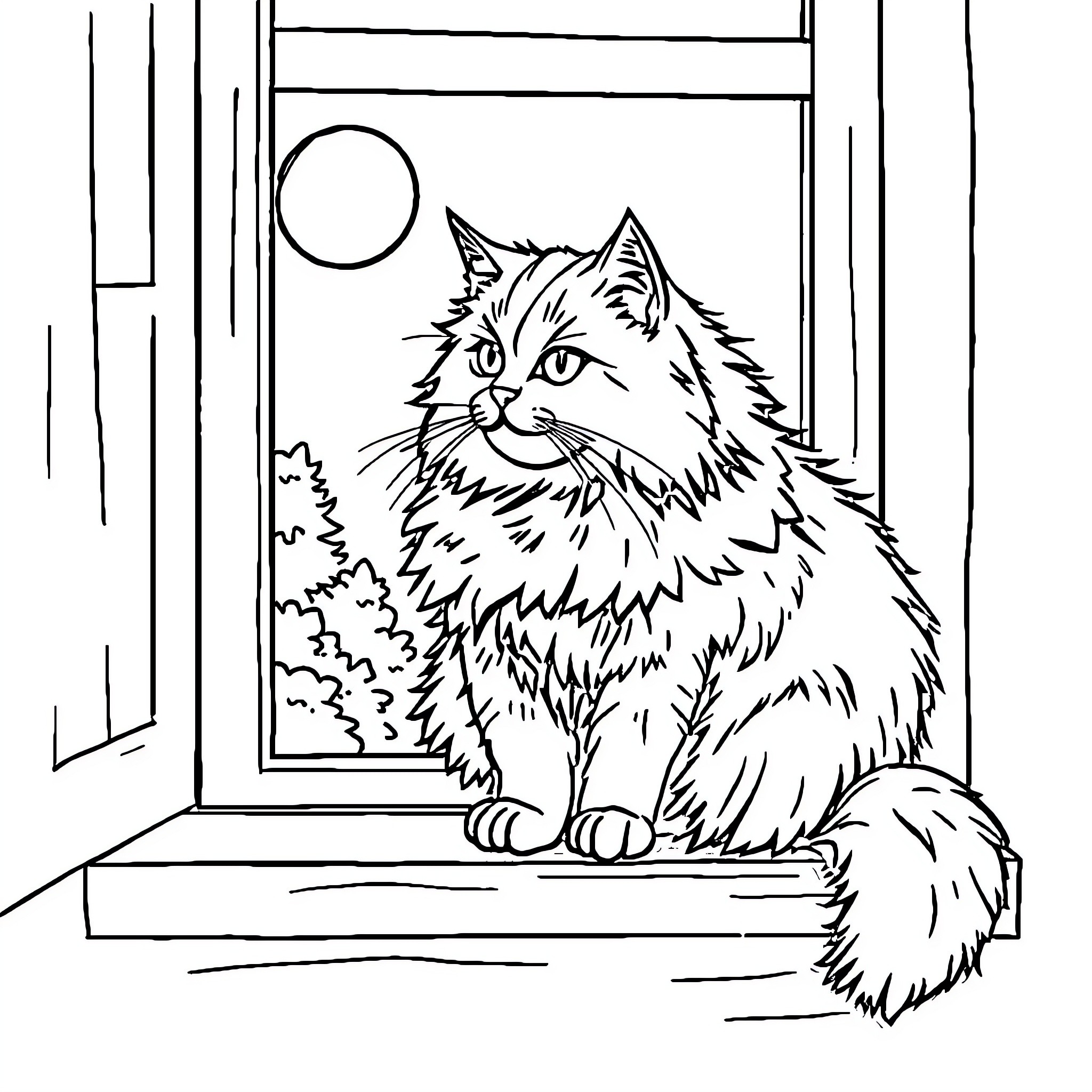 Cat sitting by the window Coloring Page (free black-and-white line drawing printable PDF for all, from beginners to advanced learners, including children, teens, adults, and seniors)