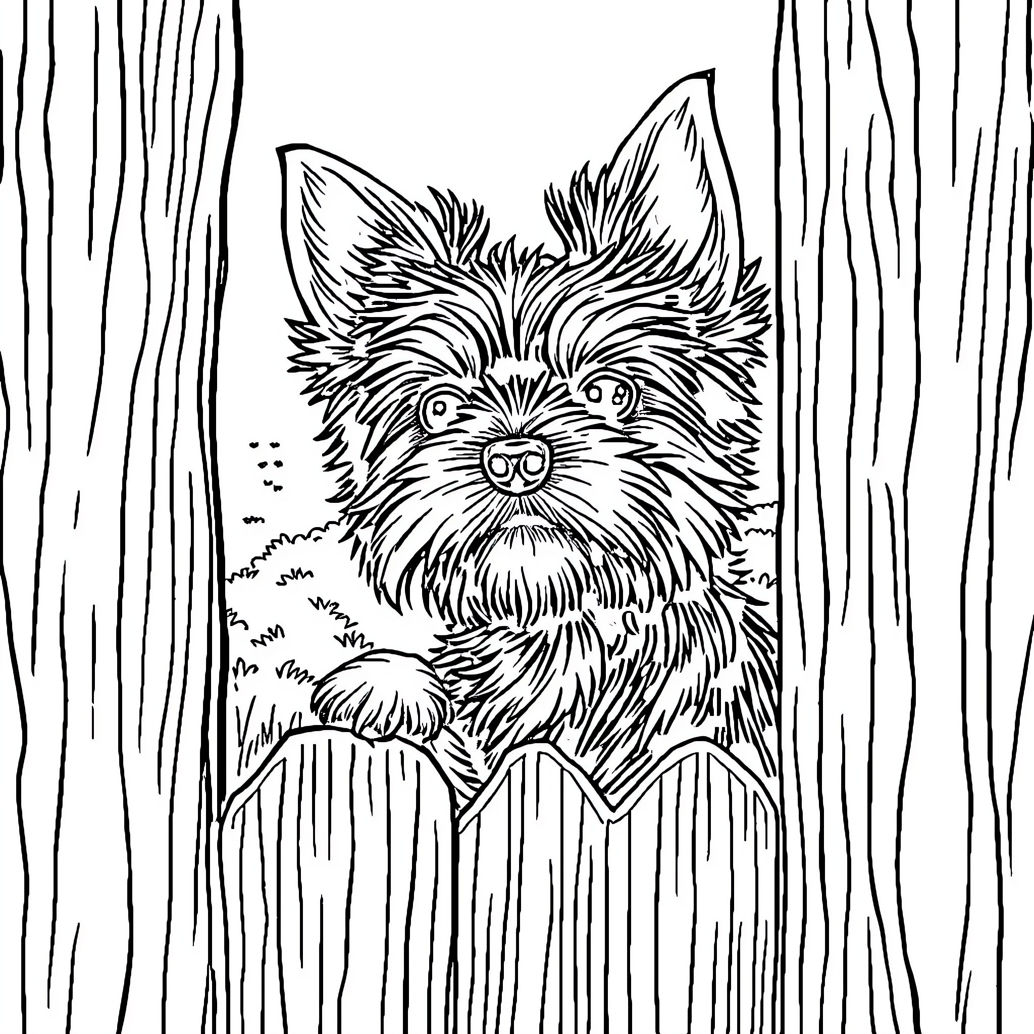Yorkie playing cheerfully in the yard Coloring Page (free black-and-white line drawing printable PDF for all, from beginners to advanced learners, including children, teens, adults, and seniors)