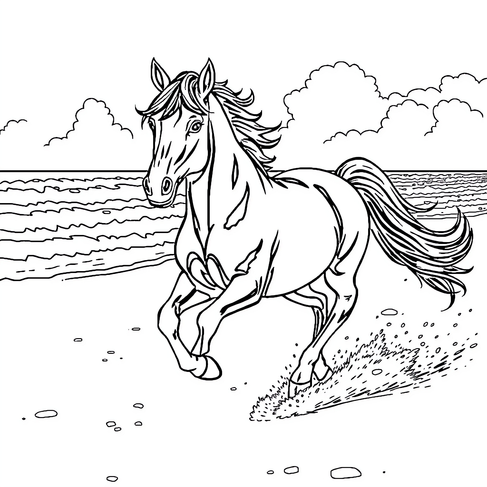 Pony galloping freely along the shoreline Coloring Page (free black-and-white line drawing printable PDF for all, from beginners to advanced learners, including children, teens, adults, and seniors)