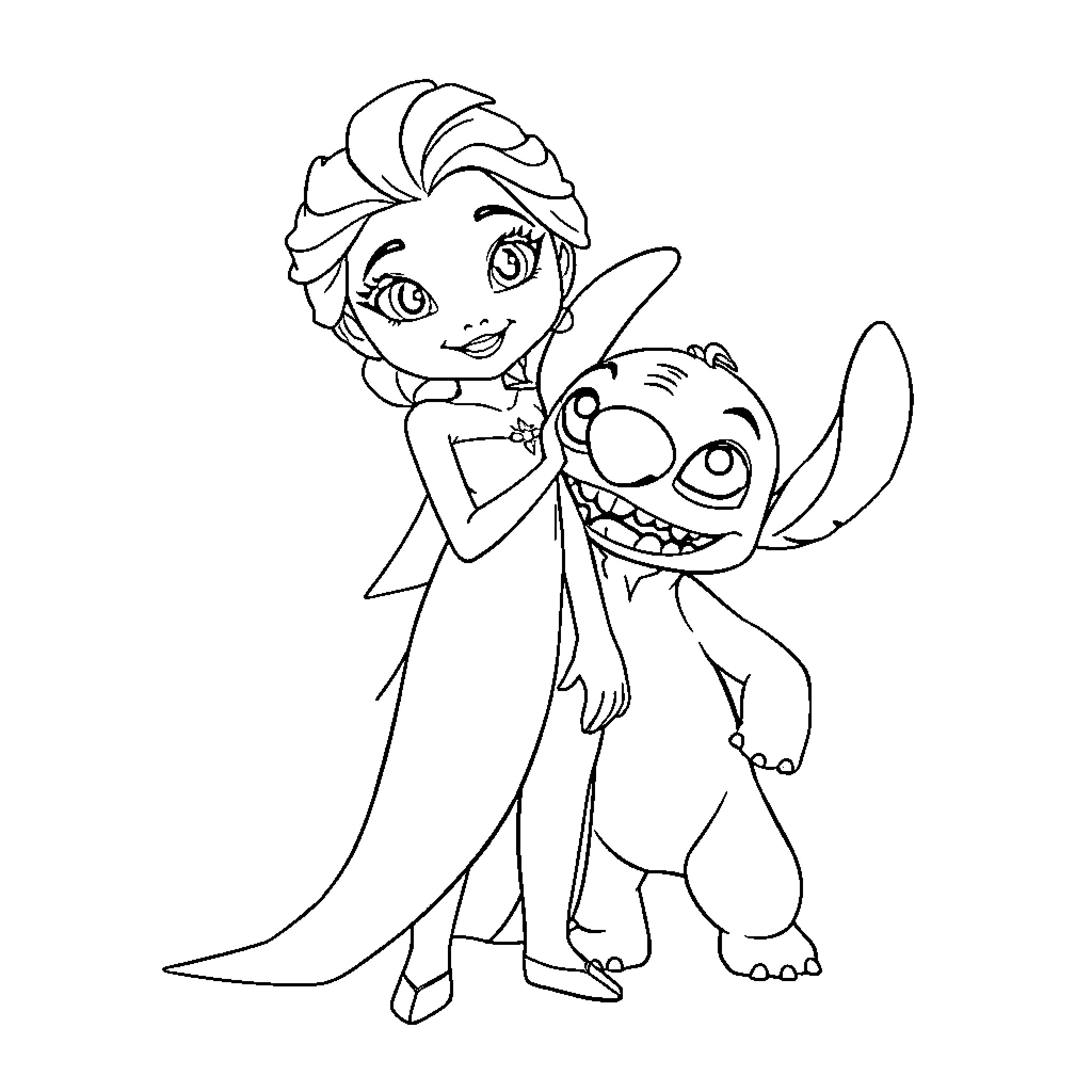 Elsa smiling happily while standing next to Stitch Coloring Page (free black-and-white line drawing printable PDF for all, from beginners to advanced learners, including children, teens, adults, and seniors)
