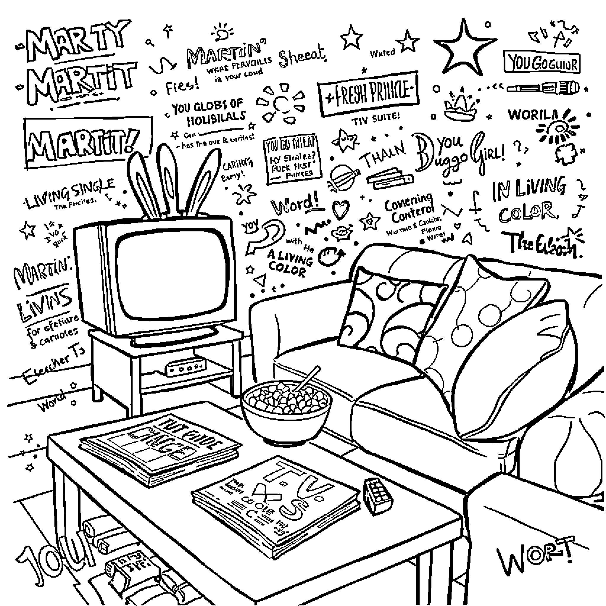 Living Room with Playful Doodles and Home Decor Coloring Page (free black-and-white line drawing printable PDF for all, from beginners to advanced learners, including children, teens, adults, and seniors)
