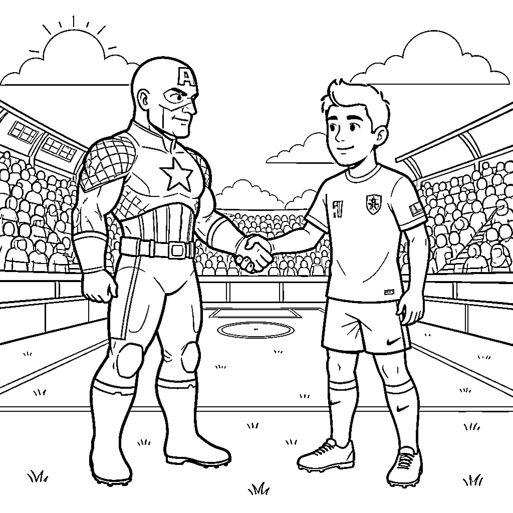 Captain America and Young Athlete Shake Hands on Sports Field Coloring Page (free black-and-white line drawing printable PDF for all, from beginners to advanced learners, including children, teens, adults, and seniors)