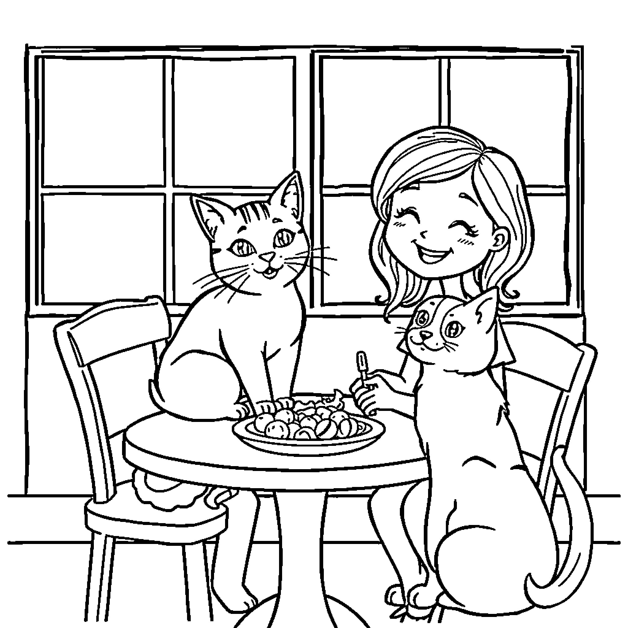 Chat with Pets in the Cozy Home Coloring Page (free black-and-white line drawing printable PDF for all, from beginners to advanced learners, including children, teens, adults, and seniors)