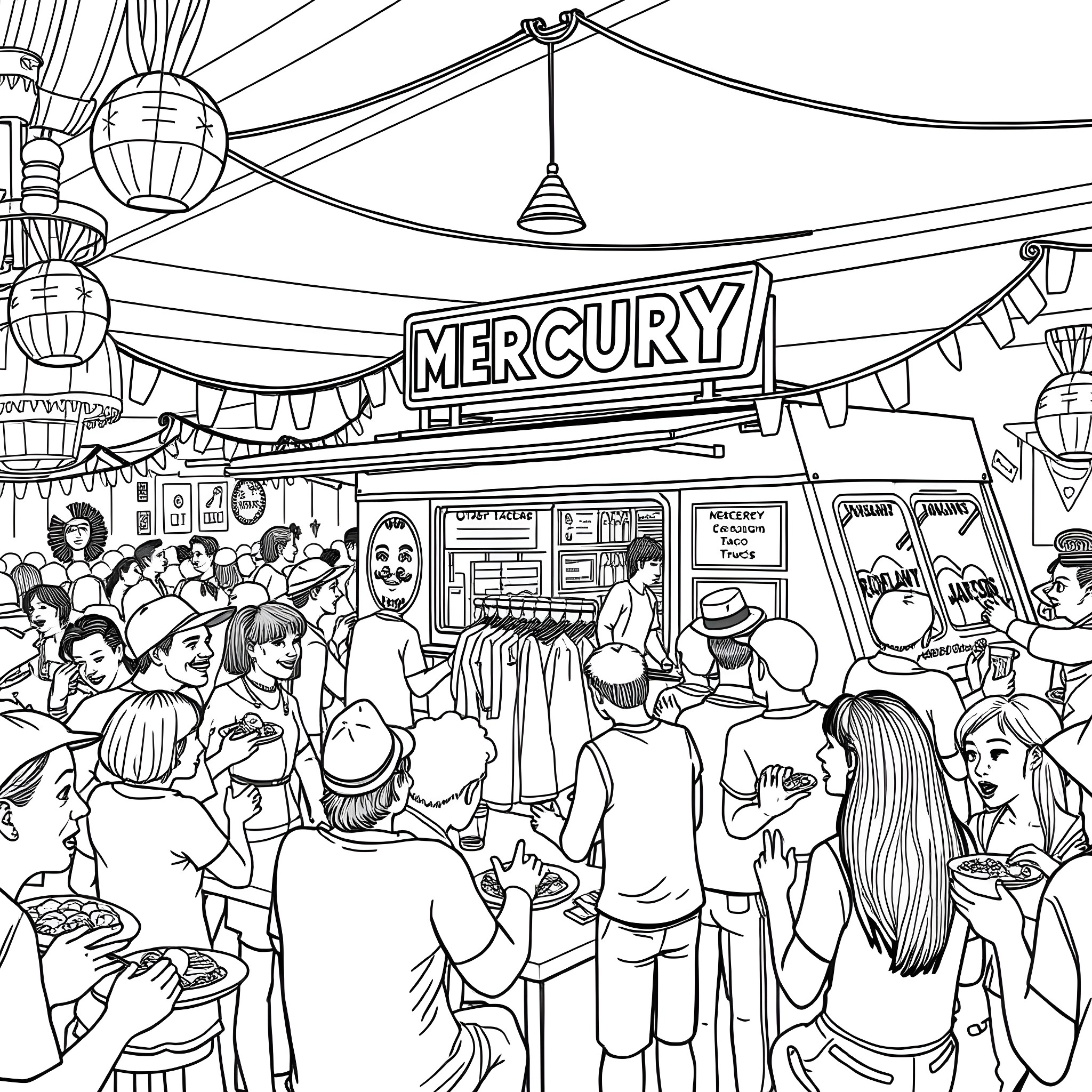 Taco Truck at a lively street festival Coloring Page (free black-and-white line drawing printable PDF for all, from beginners to advanced learners, including children, teens, adults, and seniors)