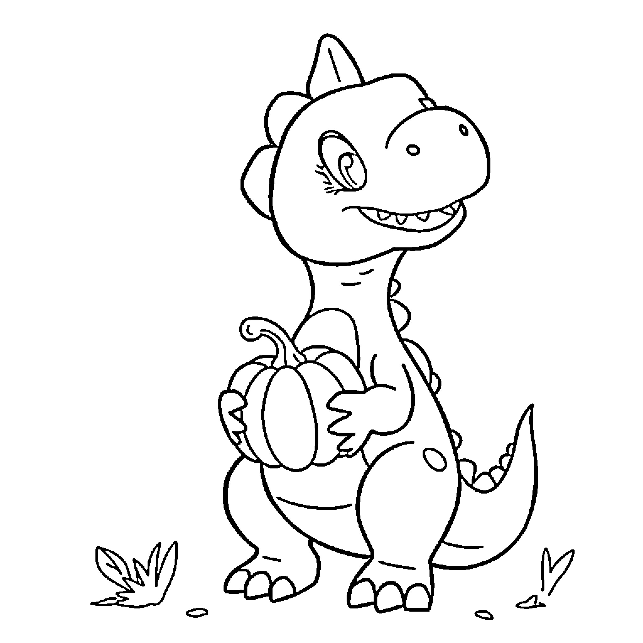 Dinosaur holding a pumpkin in a field Coloring Page (free black-and-white line drawing printable PDF for all, from beginners to advanced learners, including children, teens, adults, and seniors)