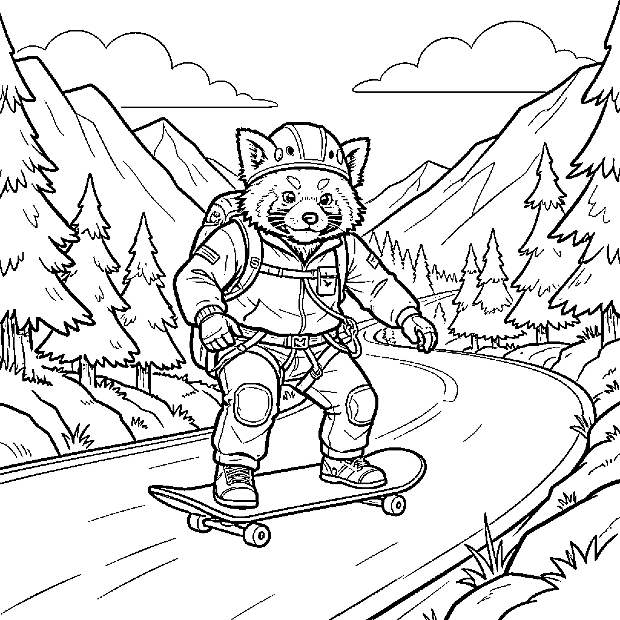 Panda adventurer riding a skateboard on a mountain road Coloring Page (free black-and-white line drawing printable PDF for all, from beginners to advanced learners, including children, teens, adults, and seniors)