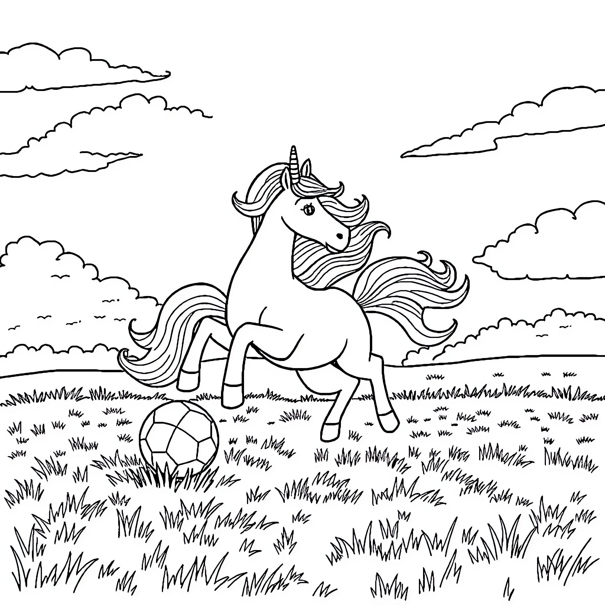 Unicorn playing with a soccer ball in a field Coloring Page (free black-and-white line drawing printable PDF for all, from beginners to advanced learners, including children, teens, adults, and seniors)
