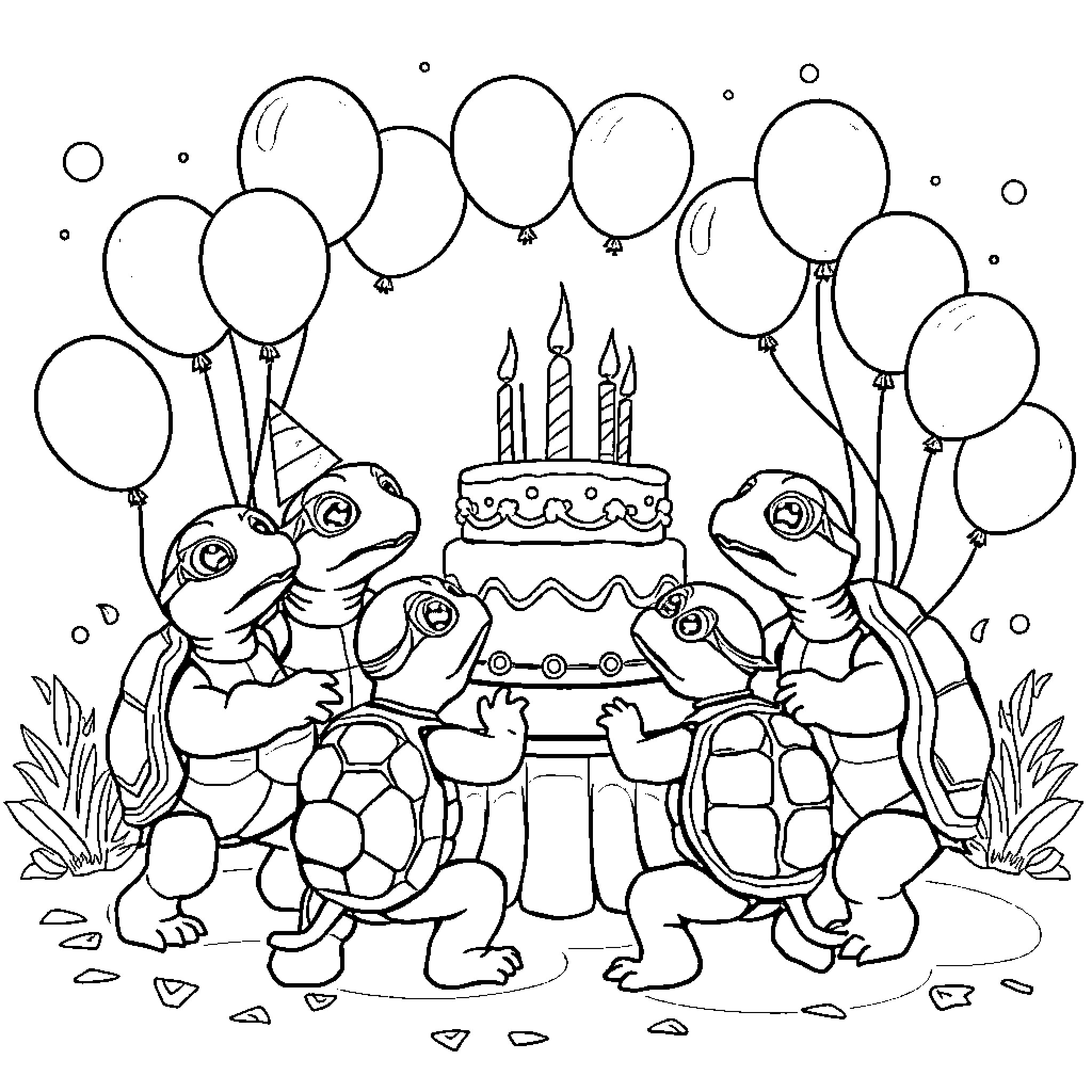Turtles celebrating a birthday party with cake and balloons Coloring Page (free black-and-white line drawing printable PDF for all, from beginners to advanced learners, including children, teens, adults, and seniors)