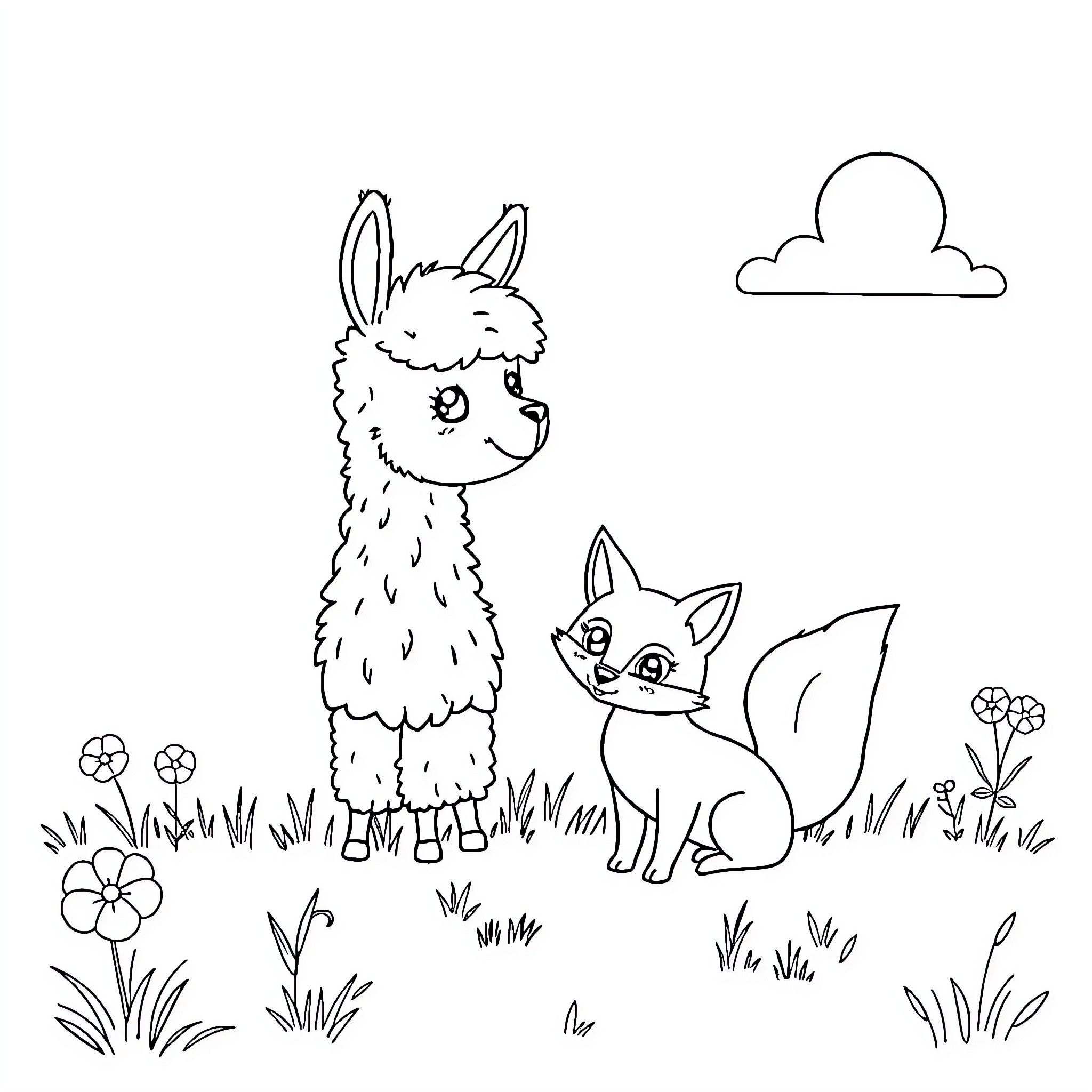 Alpaca and Squirrel Playing in Nature Coloring Page (free black-and-white line drawing printable PDF for all, from beginners to advanced learners, including children, teens, adults, and seniors)