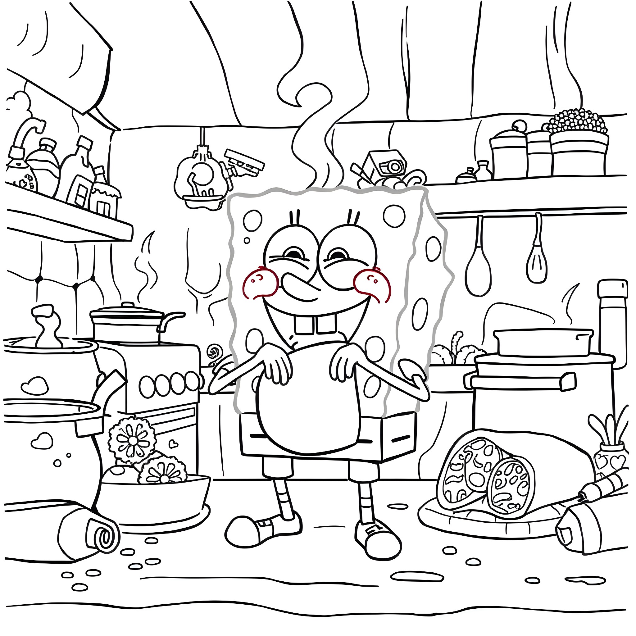 Spongebob's Messy Kitchen Adventure Coloring Page (free black-and-white line drawing printable PDF for all, from beginners to advanced learners, including children, teens, adults, and seniors)