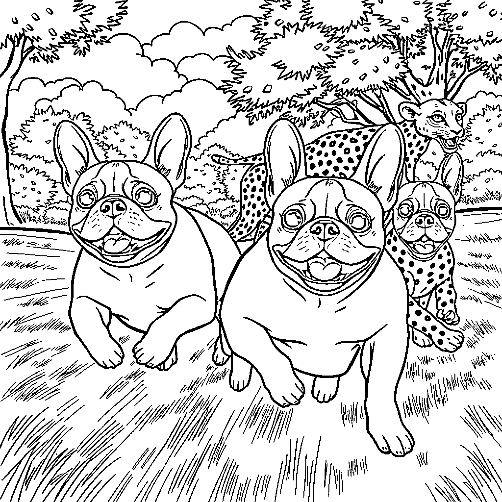 French Bulldog trio exploring the wilderness Coloring Page (free black-and-white line drawing printable PDF for all, from beginners to advanced learners, including children, teens, adults, and seniors)