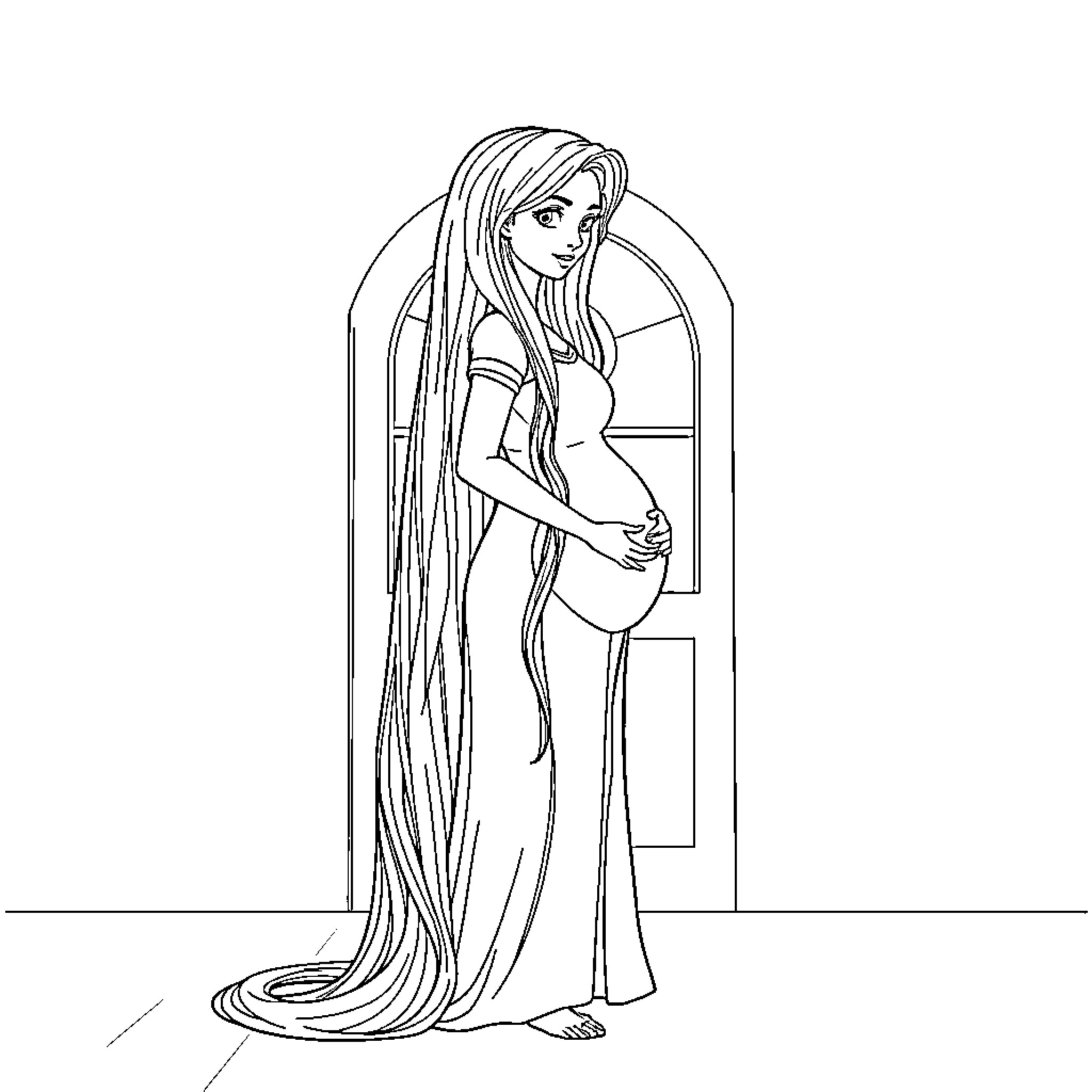 Rapunzel in her long dress and hair Coloring Page (free black-and-white line drawing printable PDF for all, from beginners to advanced learners, including children, teens, adults, and seniors)