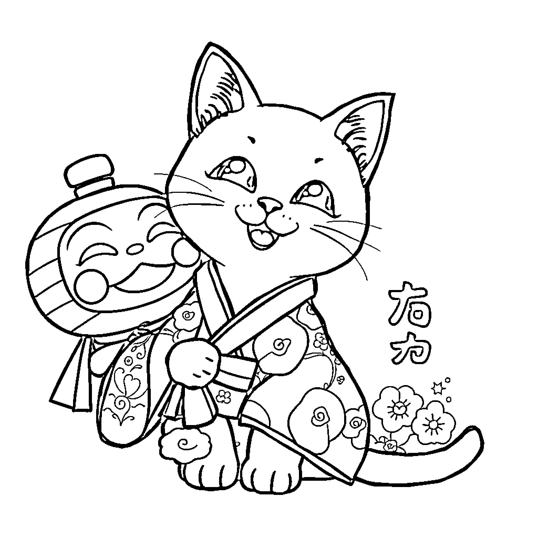 Cat wearing traditional Japanese outfit Coloring Page (free black-and-white line drawing printable PDF for all, from beginners to advanced learners, including children, teens, adults, and seniors)