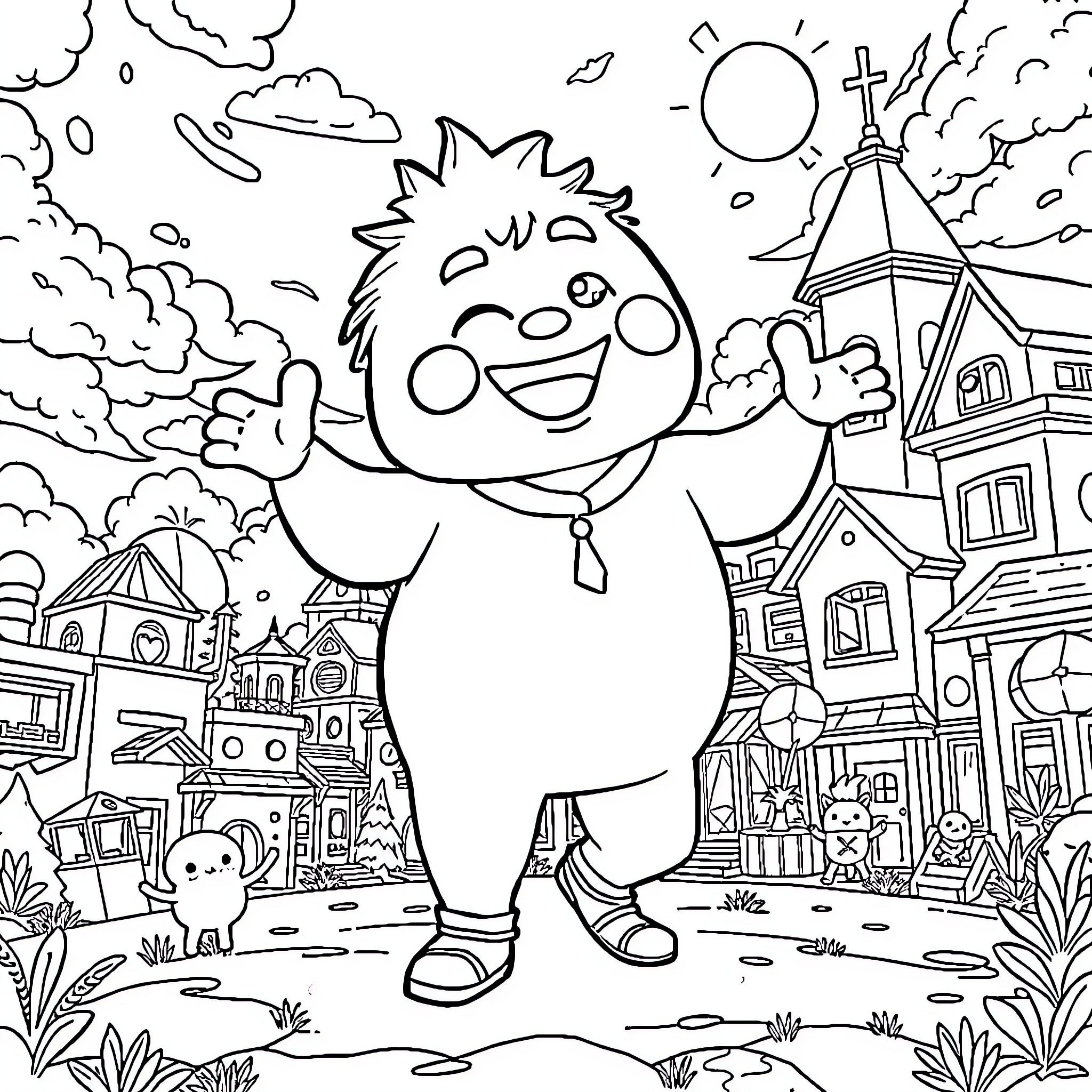 Big Chungus having a jolly time in the town Coloring Page (free black-and-white line drawing printable PDF for all, from beginners to advanced learners, including children, teens, adults, and seniors)