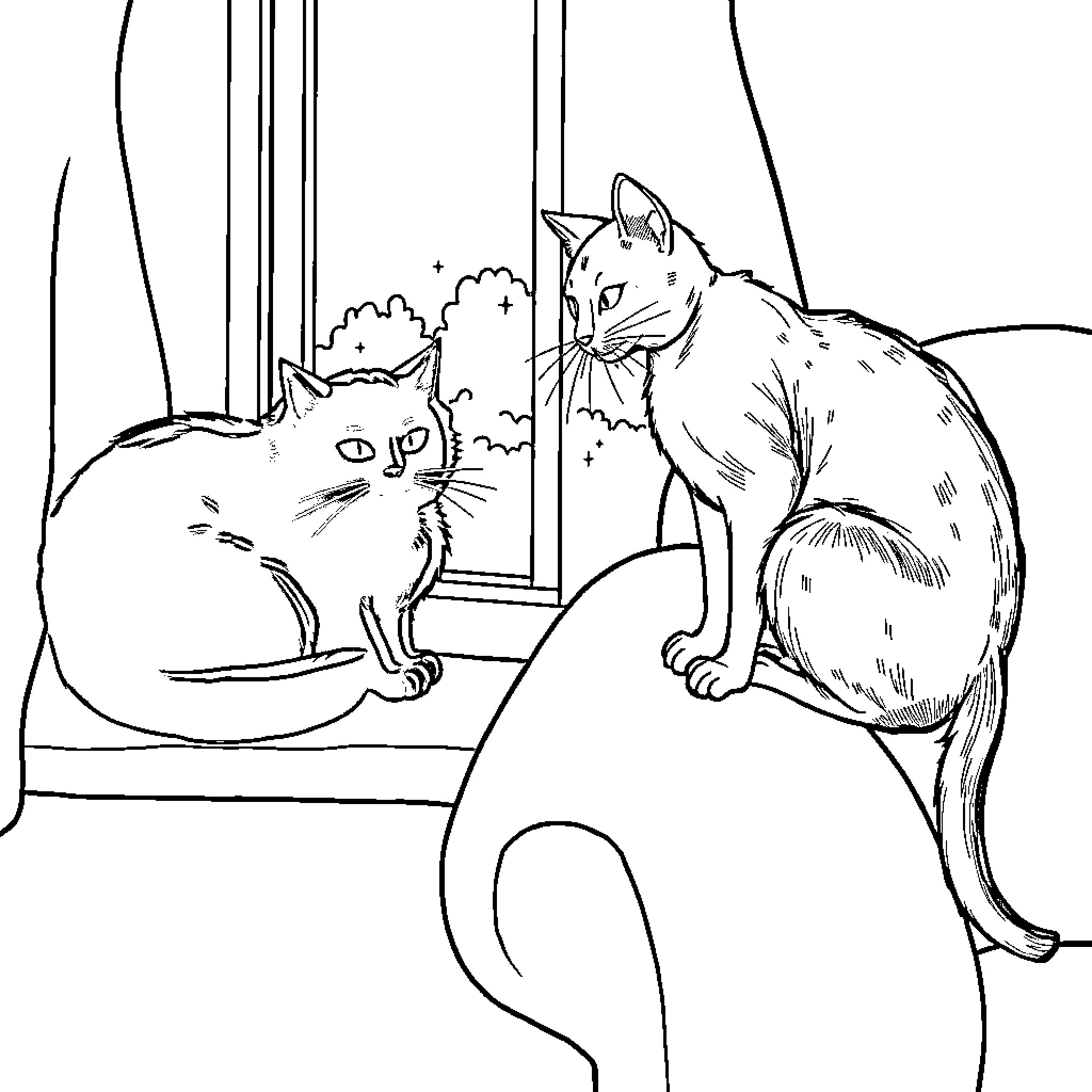 Cat watching other cat by the window Coloring Page (free black-and-white line drawing printable PDF for all, from beginners to advanced learners, including children, teens, adults, and seniors)