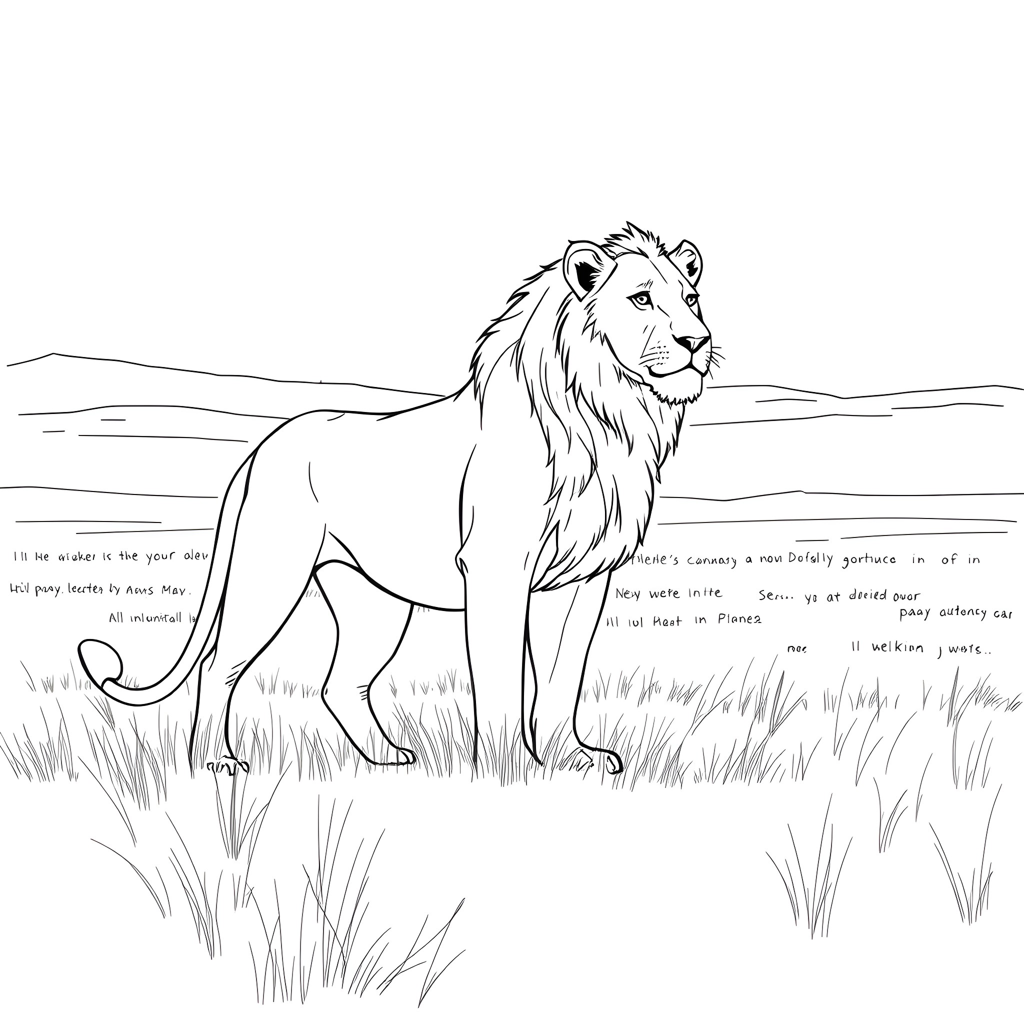 Lioness in a serene natural landscape Coloring Page (free black-and-white line drawing printable PDF for all, from beginners to advanced learners, including children, teens, adults, and seniors)