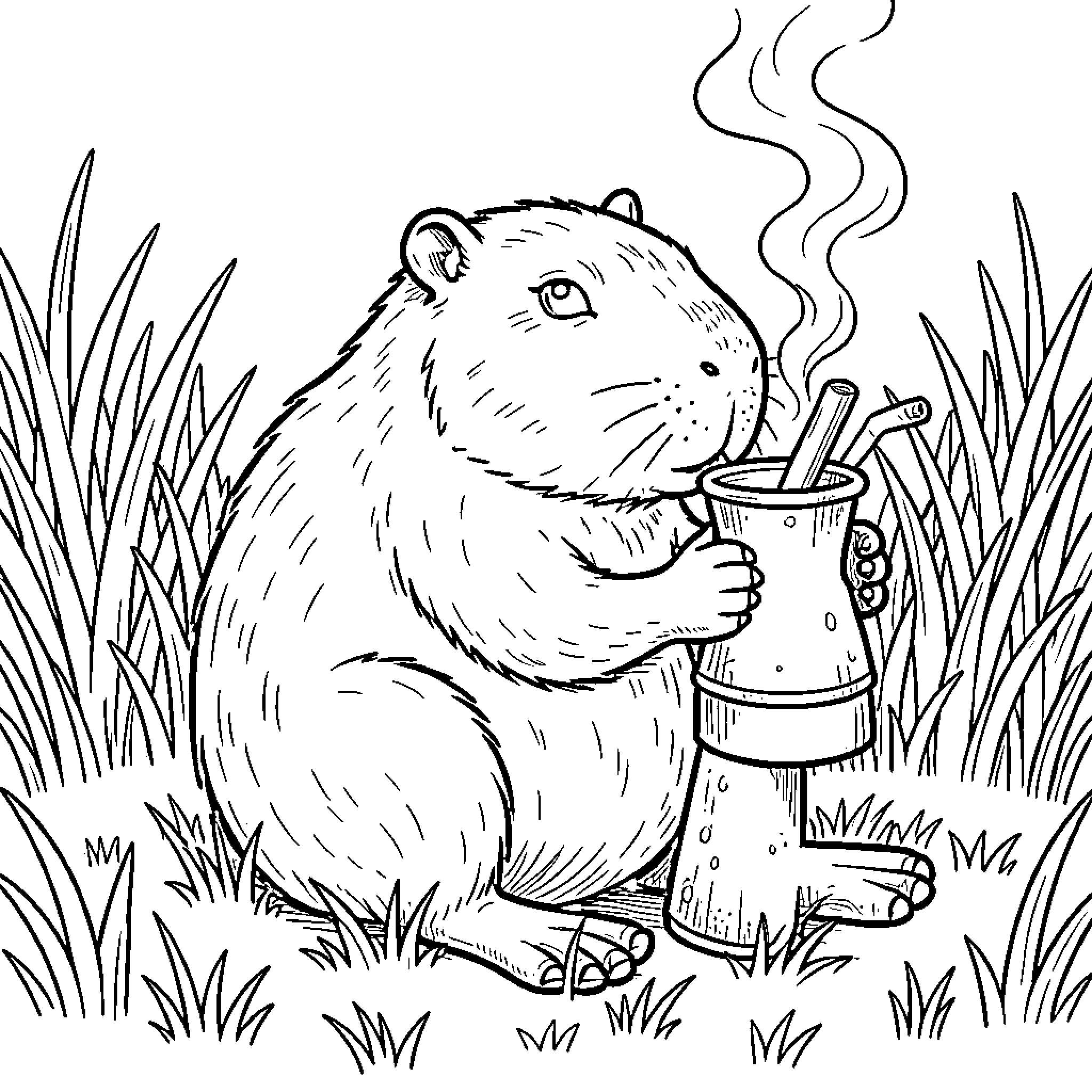 Capybara enjoying a refreshing drink in the grass Coloring Page (free black-and-white line drawing printable PDF for all, from beginners to advanced learners, including children, teens, adults, and seniors)