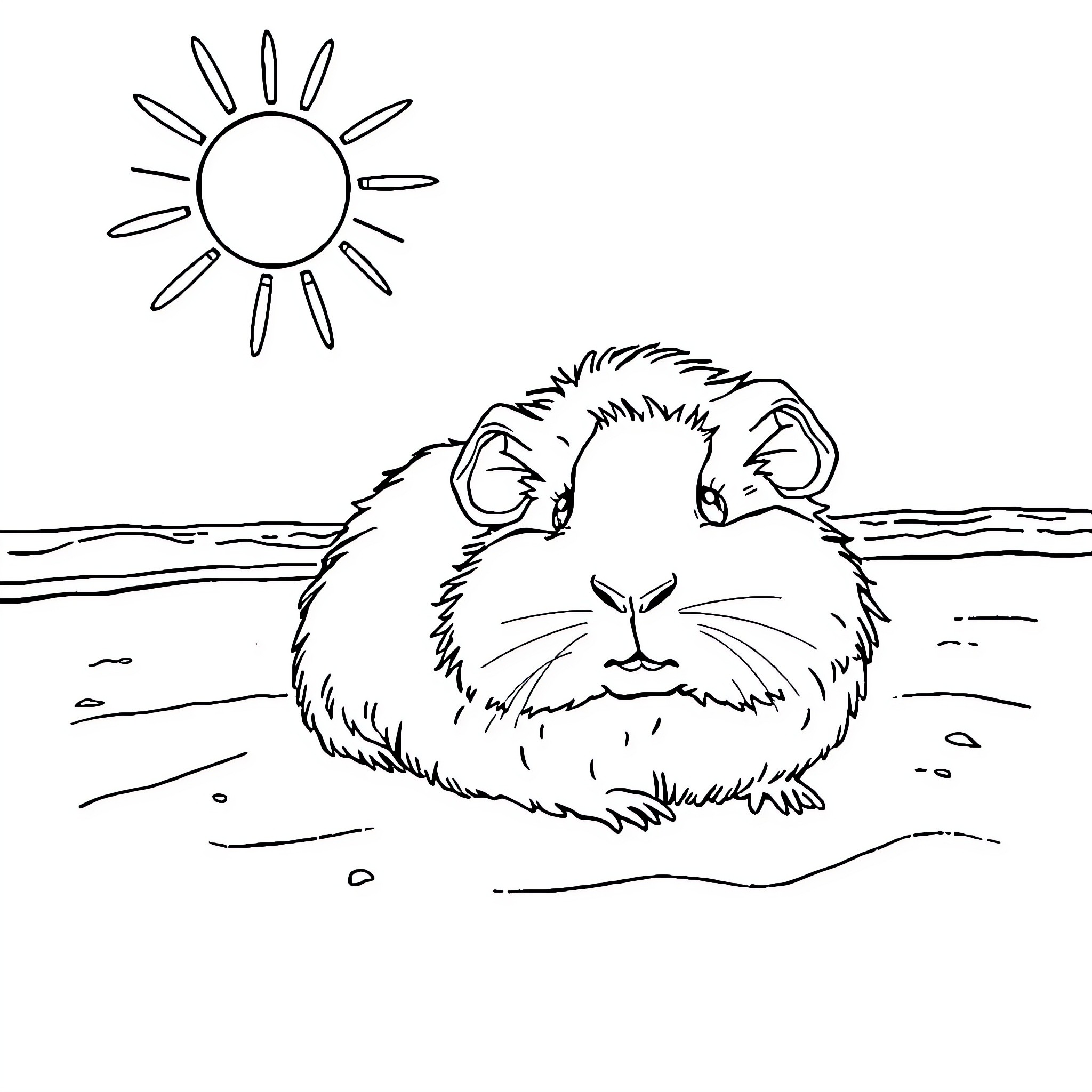 Guinea Pig enjoying the sunny day by the water Coloring Page (free black-and-white line drawing printable PDF for all, from beginners to advanced learners, including children, teens, adults, and seniors)