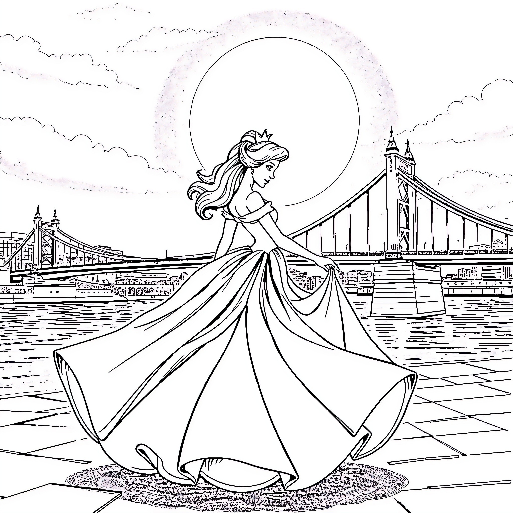 Princess in a Magnificent Dress by the Moonlit River Coloring Page (free black-and-white line drawing printable PDF for all, from beginners to advanced learners, including children, teens, adults, and seniors)
