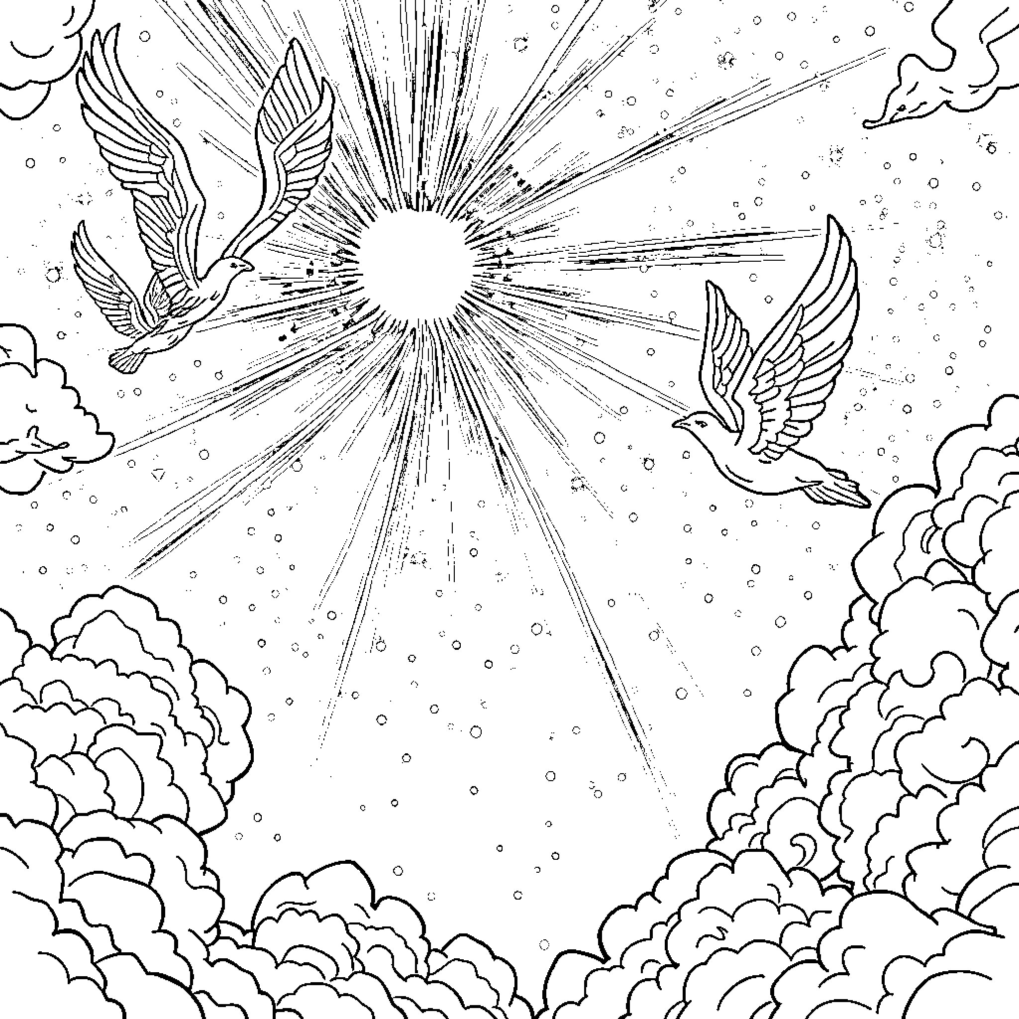 God's Celestial Guardians Soar Amidst Radiant Skies Coloring Page (free black-and-white line drawing printable PDF for all, from beginners to advanced learners, including children, teens, adults, and seniors)