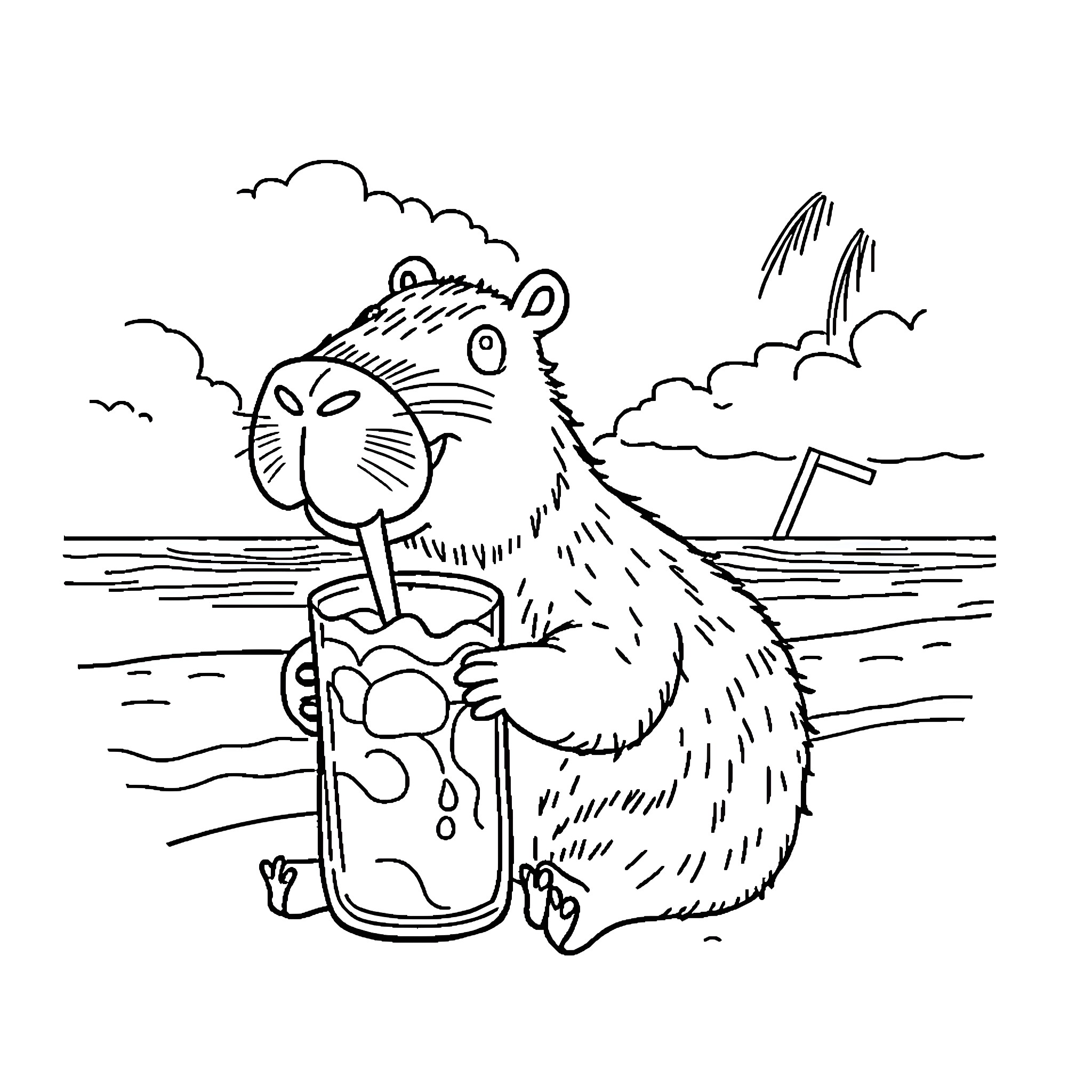 Capybara enjoying a refreshing drink on the beach Coloring Page (free black-and-white line drawing printable PDF for all, from beginners to advanced learners, including children, teens, adults, and seniors)