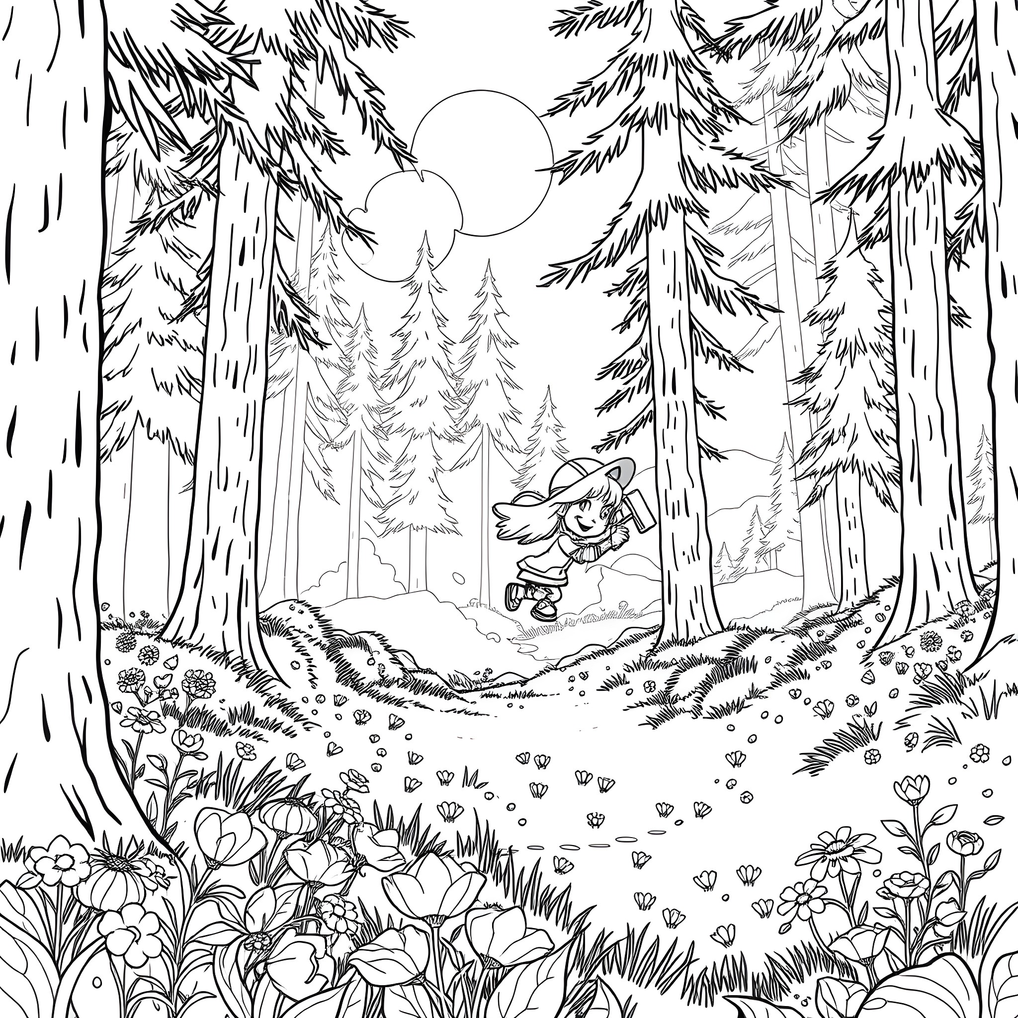 Girl exploring the enchanted forest Coloring Page (free black-and-white line drawing printable PDF for all, from beginners to advanced learners, including children, teens, adults, and seniors)