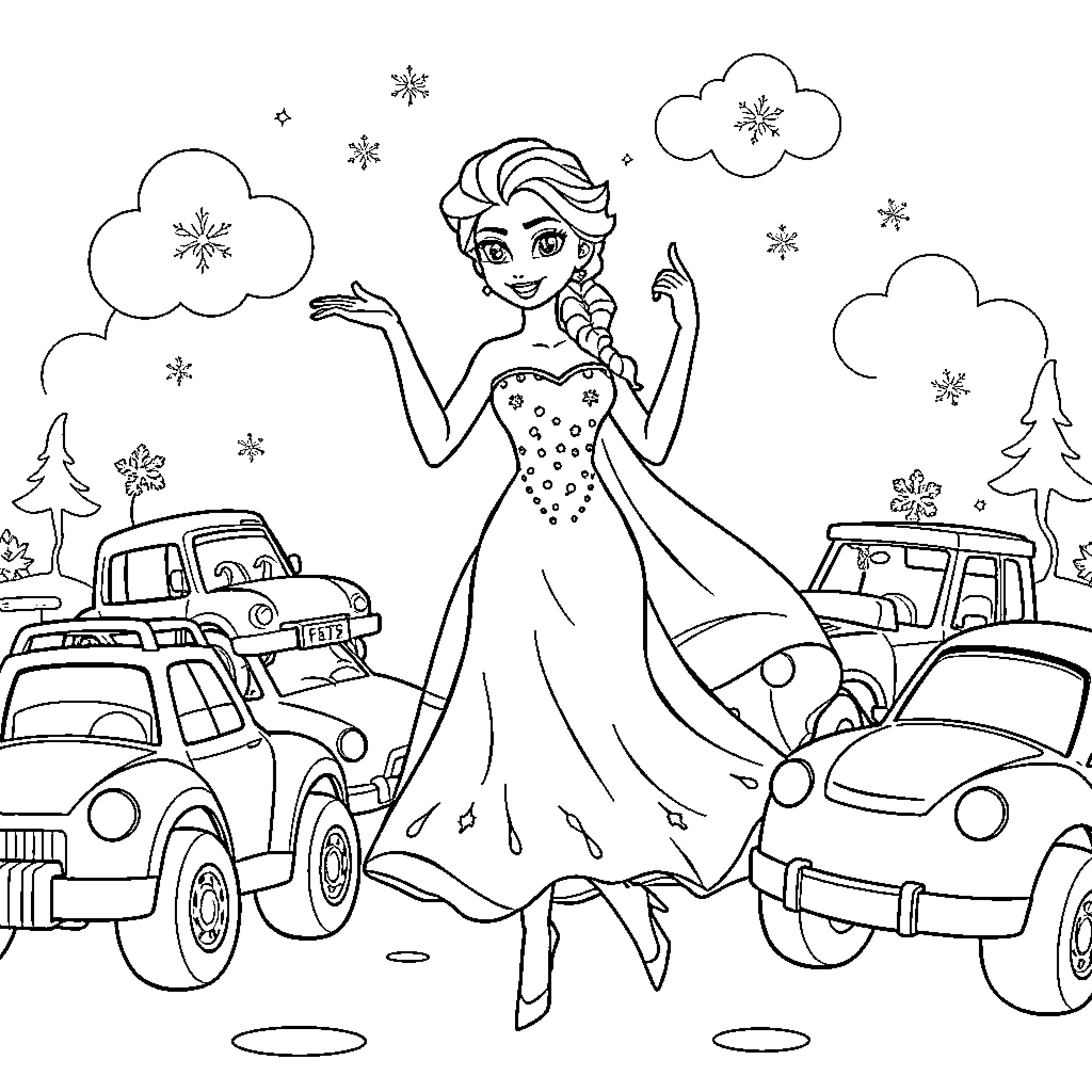 Elsa enjoying a winter wonderland scene Coloring Page (free black-and-white line drawing printable PDF for all, from beginners to advanced learners, including children, teens, adults, and seniors)