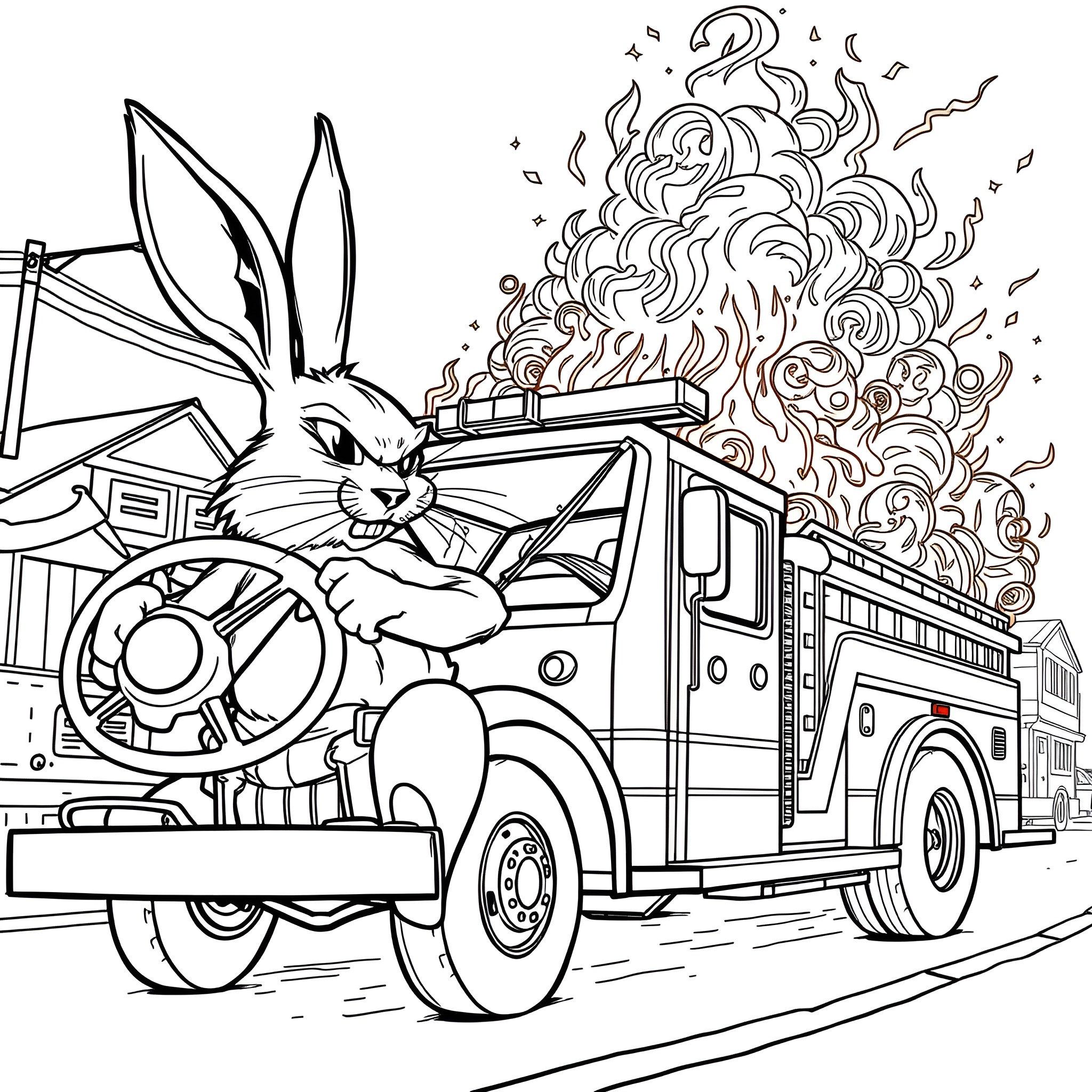 Rabbit Firefighter Driving Emergency Vehicle Coloring Page (free black-and-white line drawing printable PDF for all, from beginners to advanced learners, including children, teens, adults, and seniors)