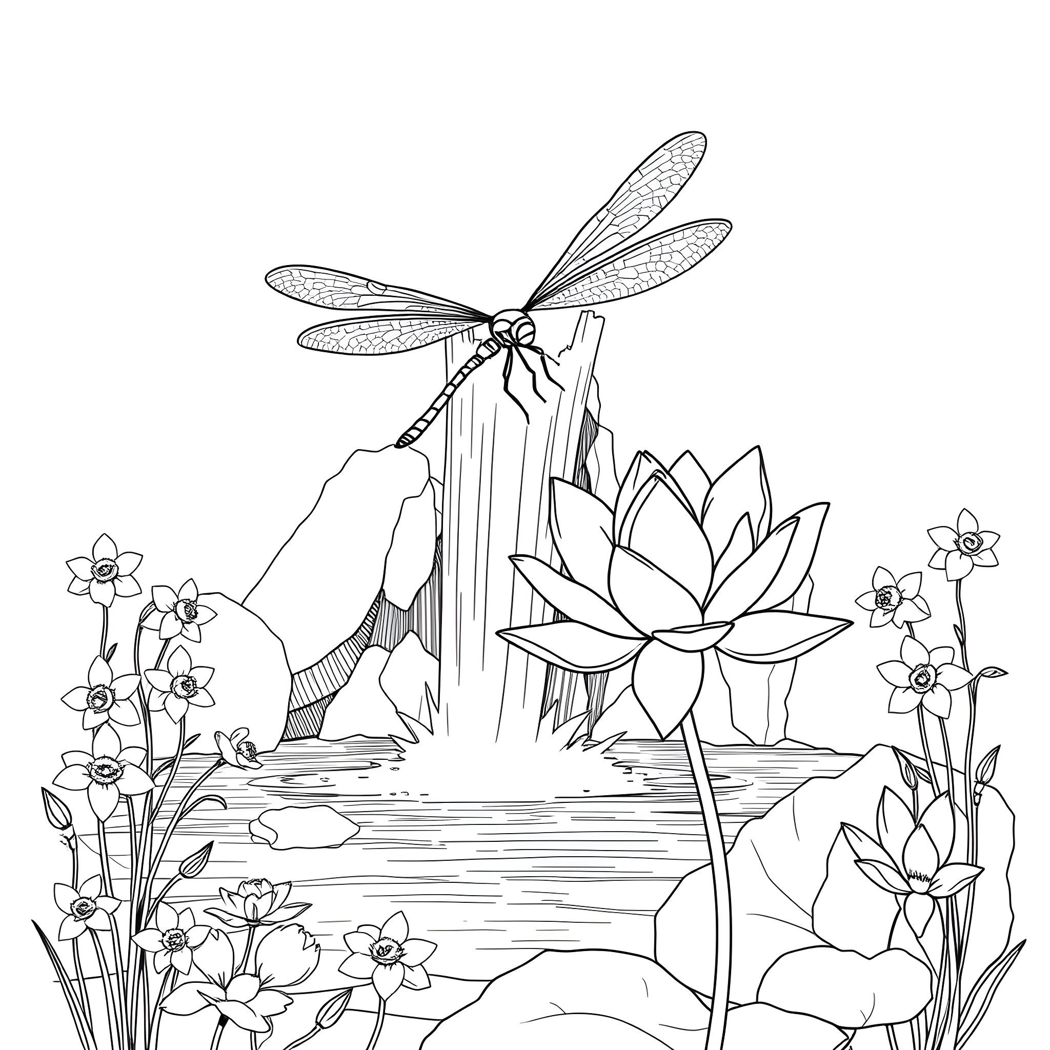 Dragonfly hovering over a serene water lily pond Coloring Page (free black-and-white line drawing printable PDF for all, from beginners to advanced learners, including children, teens, adults, and seniors)