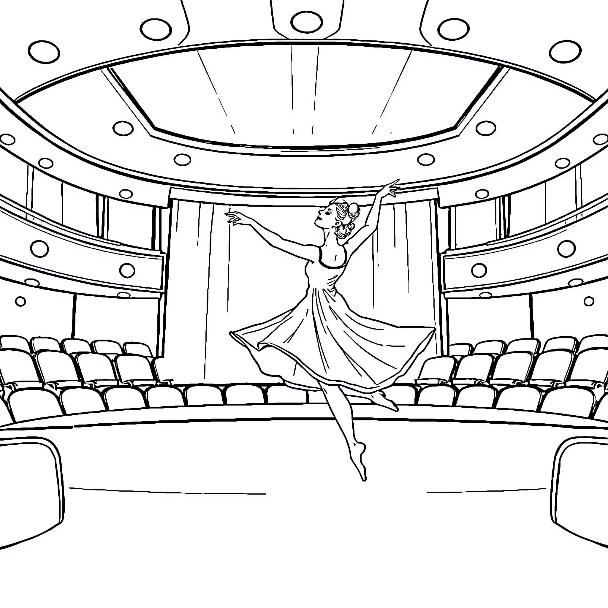 Dancer Performing on Stage Coloring Page (free black-and-white line drawing printable PDF for all, from beginners to advanced learners, including children, teens, adults, and seniors)