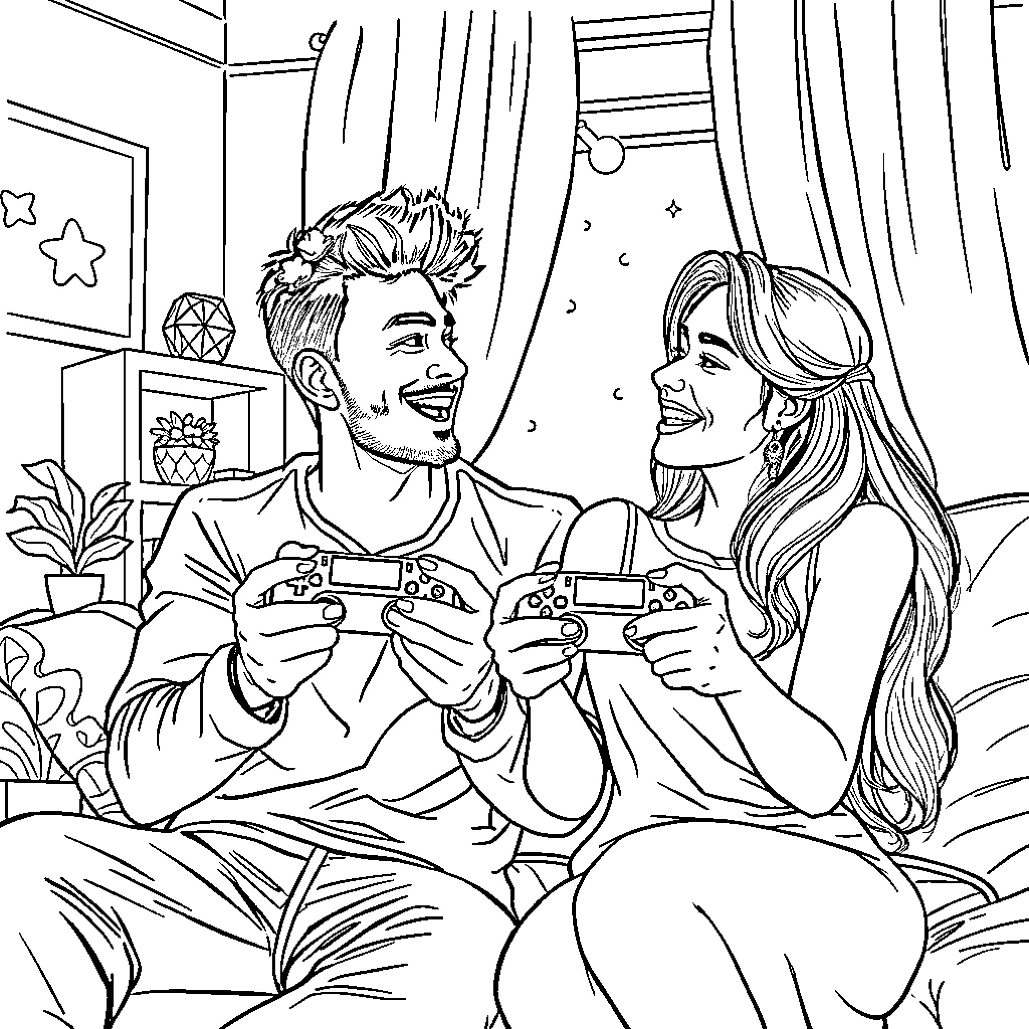 Novio Playing Video Games with Girlfriend Coloring Page (free black-and-white line drawing printable PDF for all, from beginners to advanced learners, including children, teens, adults, and seniors)