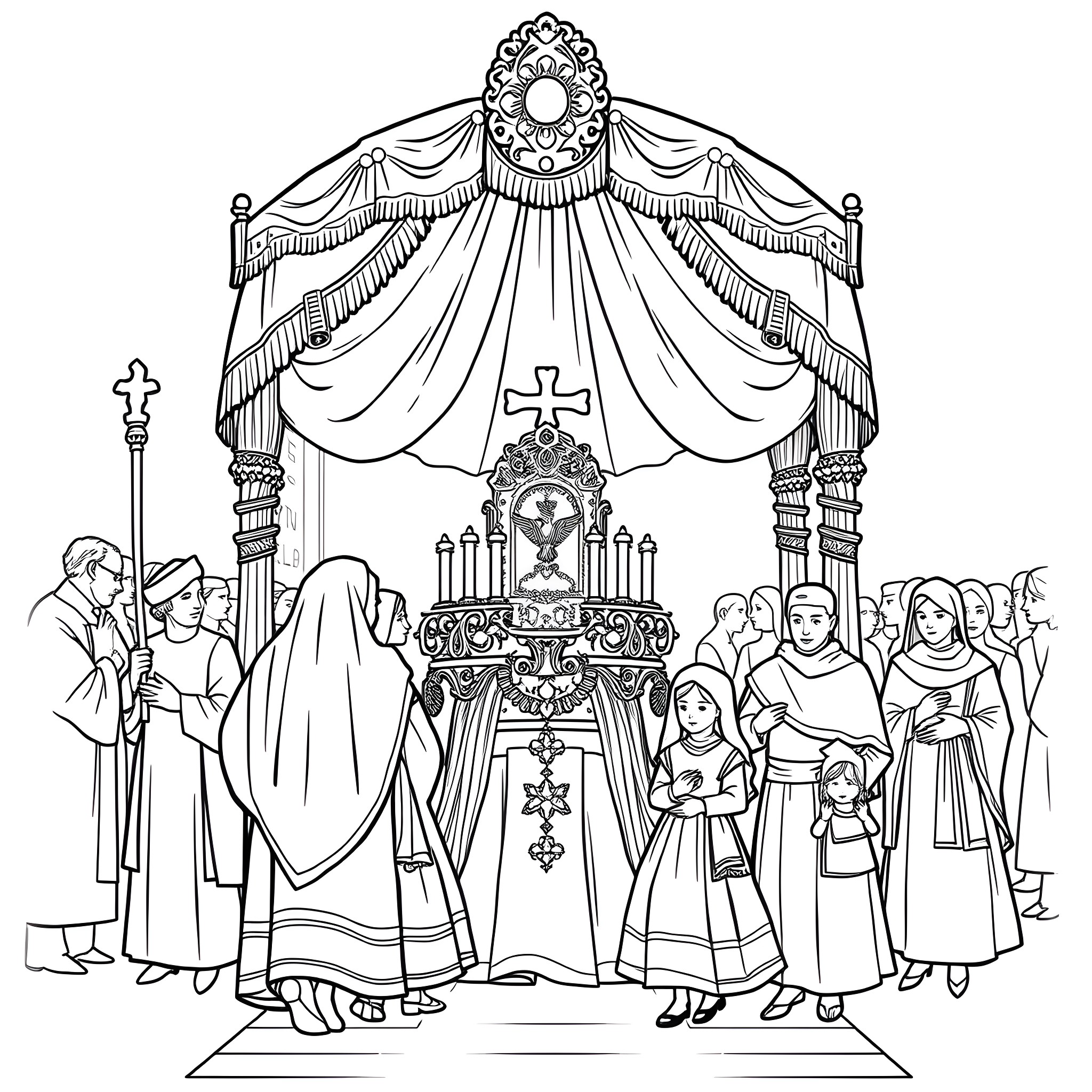 Procession of Clergy and Worshippers in Ornate Church Setting Coloring Page (free black-and-white line drawing printable PDF for all, from beginners to advanced learners, including children, teens, adults, and seniors)