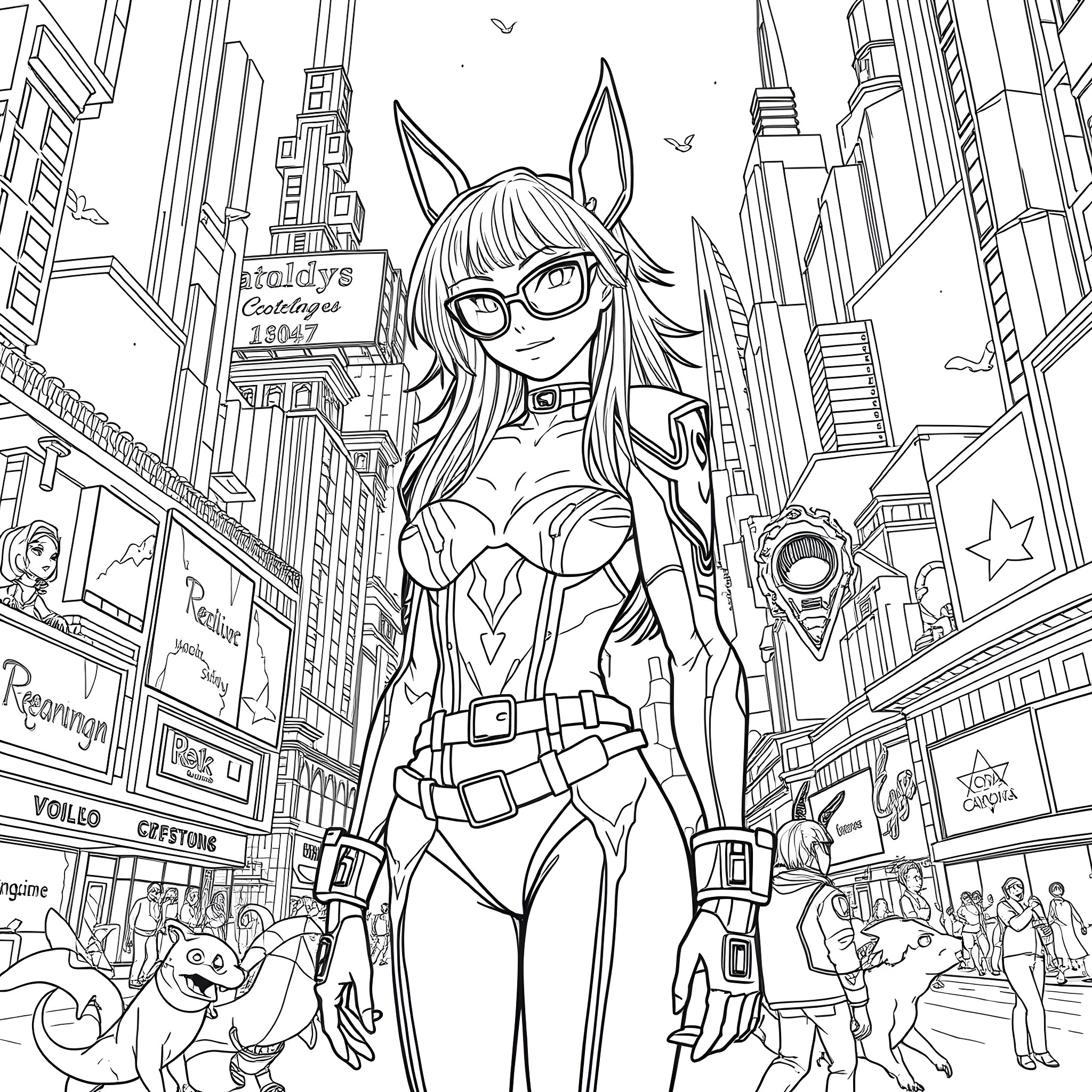 Element of Heroic Anime Girl in the City Coloring Page (free black-and-white line drawing printable PDF for all, from beginners to advanced learners, including children, teens, adults, and seniors)