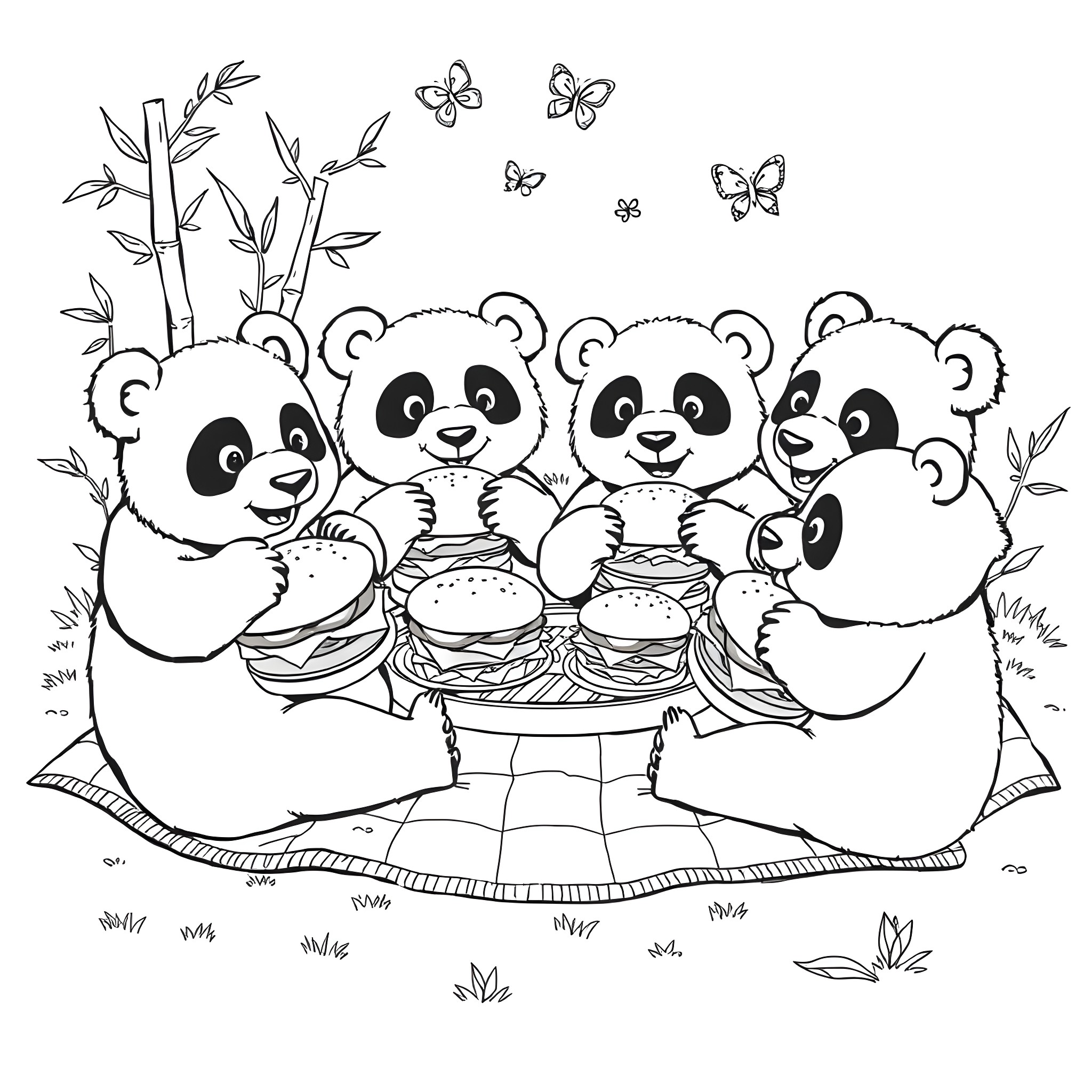 Panda family enjoying a picnic in the park Coloring Page (free black-and-white line drawing printable PDF for all, from beginners to advanced learners, including children, teens, adults, and seniors)