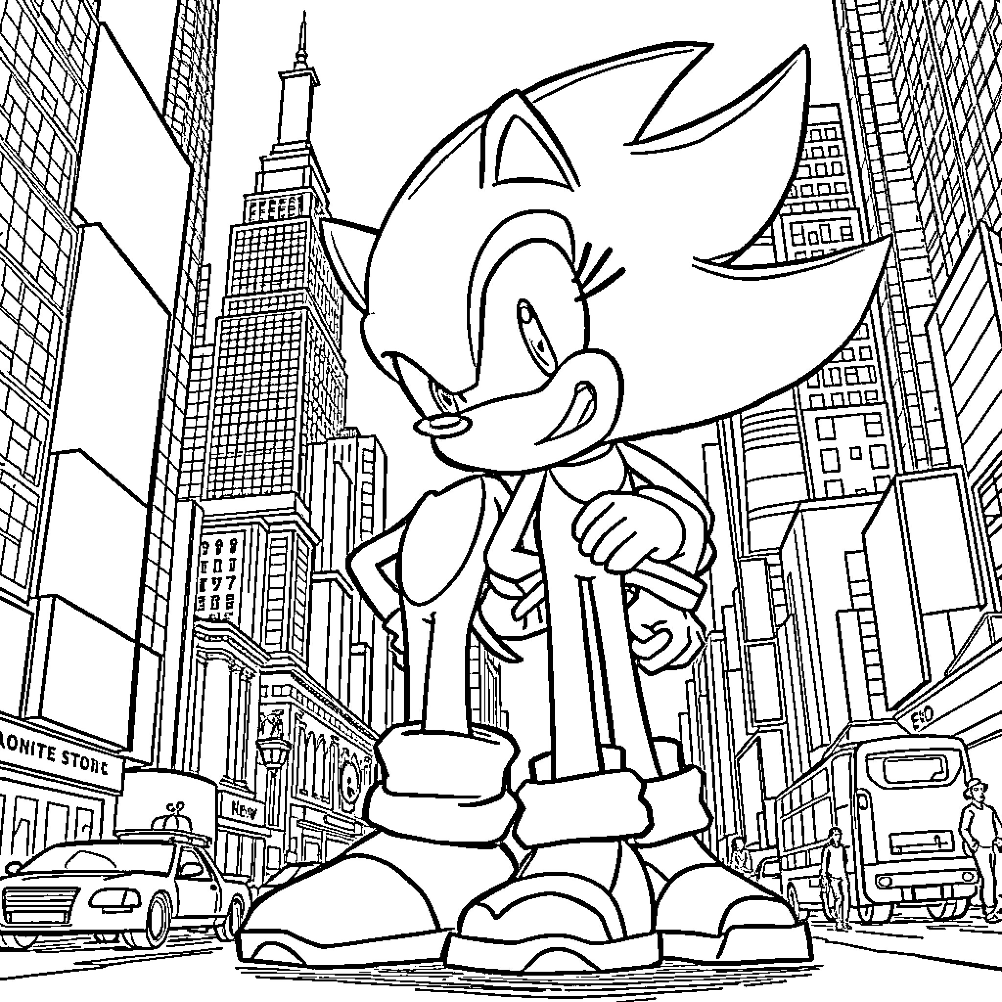 Sonic the Hedgehog exploring a bustling city scene Coloring Page (free black-and-white line drawing printable PDF for all, from beginners to advanced learners, including children, teens, adults, and seniors)