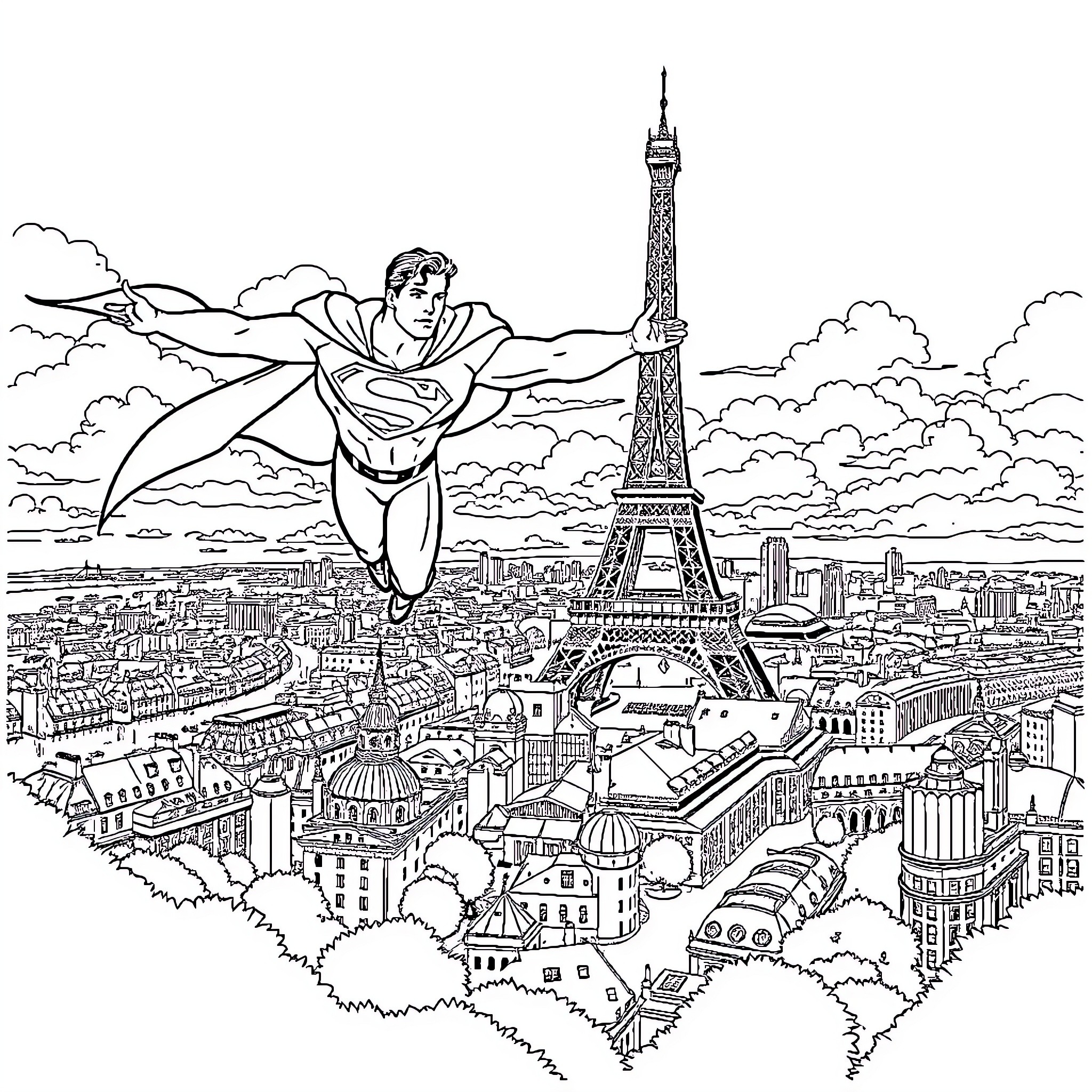 Superman soaring over the iconic Parisian cityscape Coloring Page (free black-and-white line drawing printable PDF for all, from beginners to advanced learners, including children, teens, adults, and seniors)
