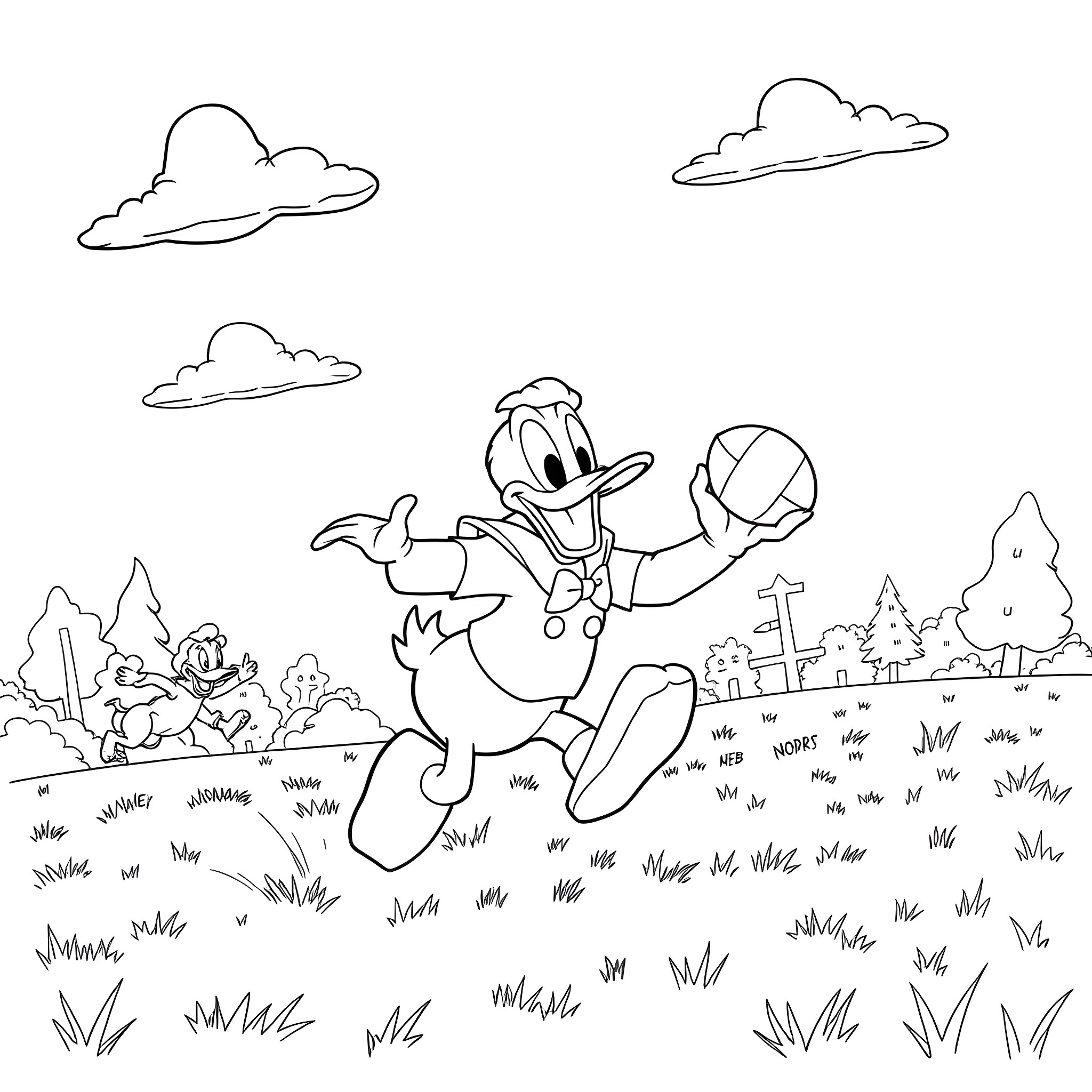 Donald Duck playing happily with a ball in the meadow Coloring Page (free black-and-white line drawing printable PDF for all, from beginners to advanced learners, including children, teens, adults, and seniors)