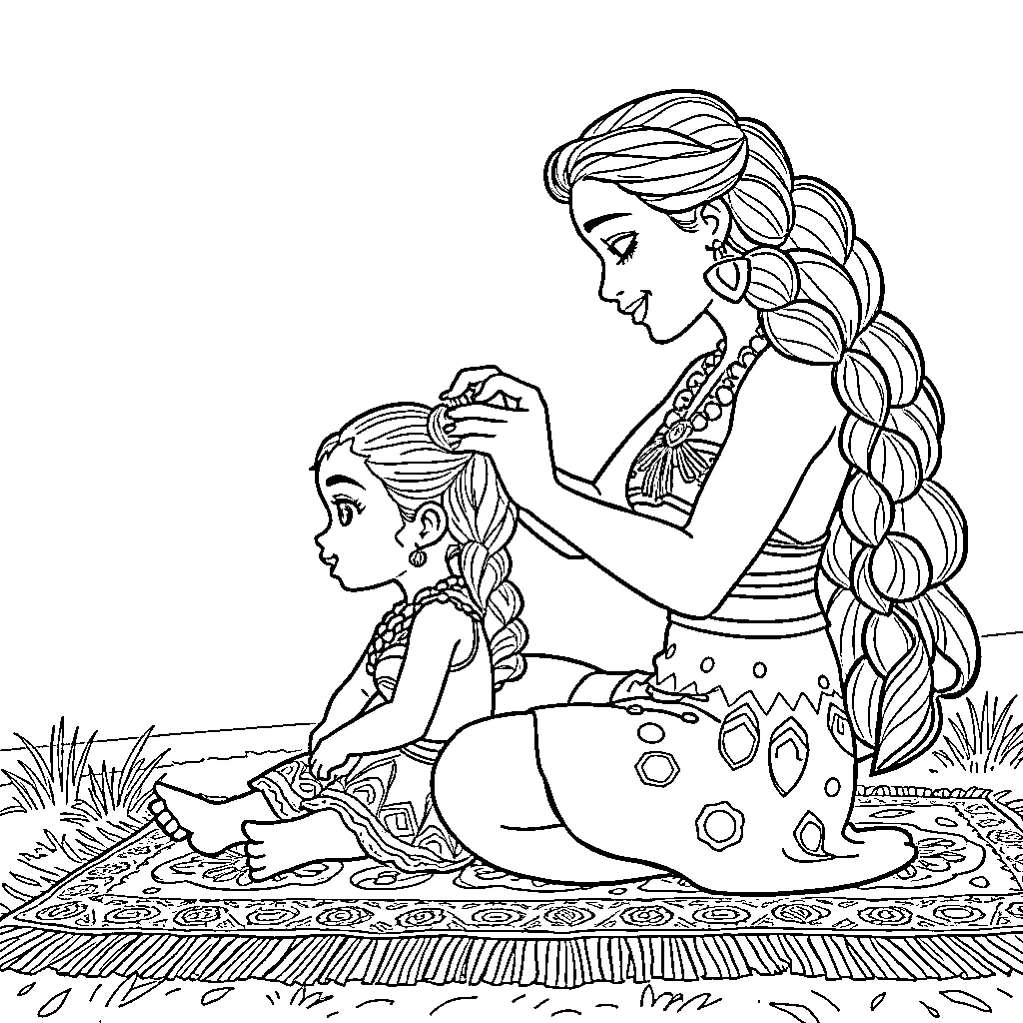 Moana assisting a young girl in traditional Polynesian attire Coloring Page (free black-and-white line drawing printable PDF for all, from beginners to advanced learners, including children, teens, adults, and seniors)