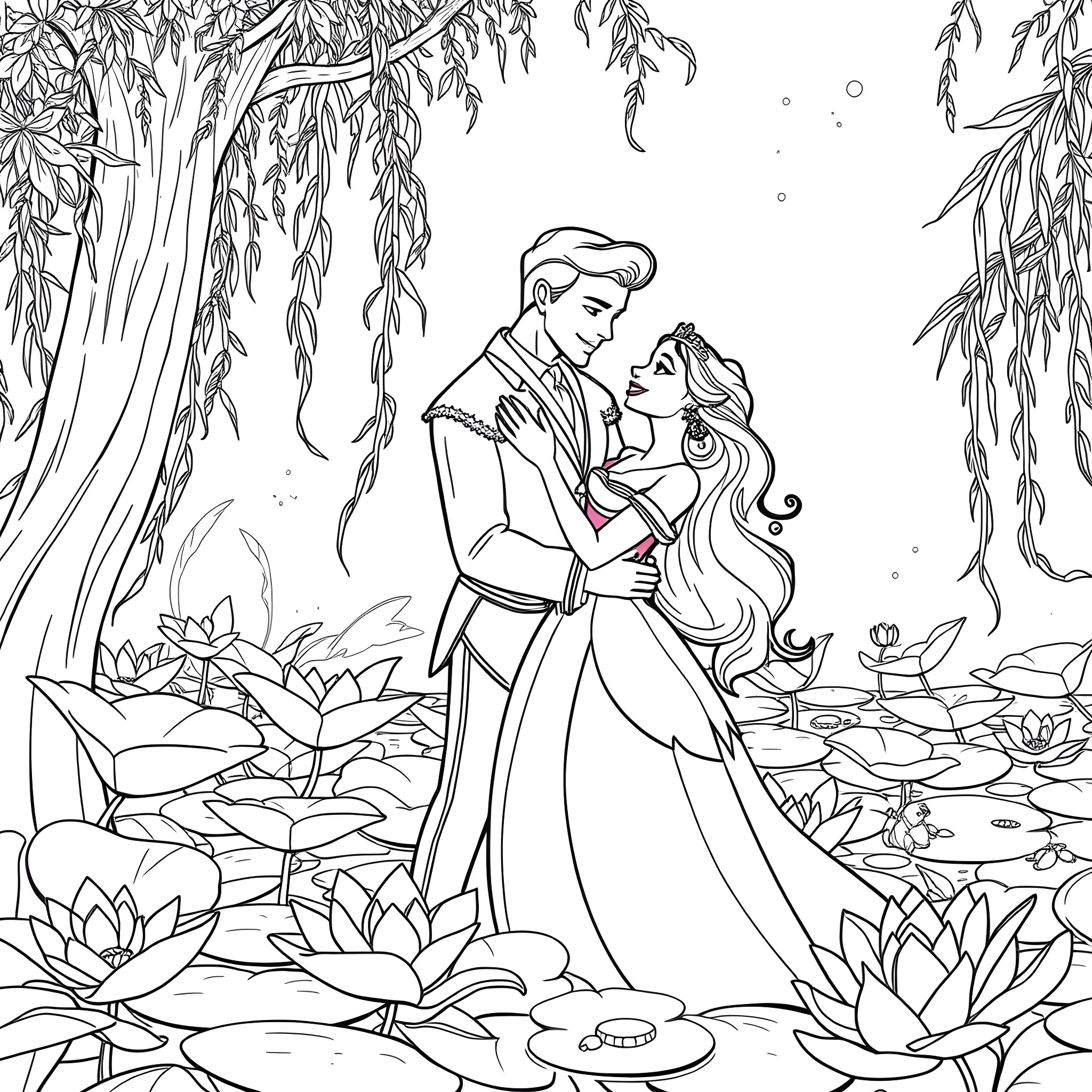 Tiana and Prince Charming embracing in a serene garden Coloring Page (free black-and-white line drawing printable PDF for all, from beginners to advanced learners, including children, teens, adults, and seniors)