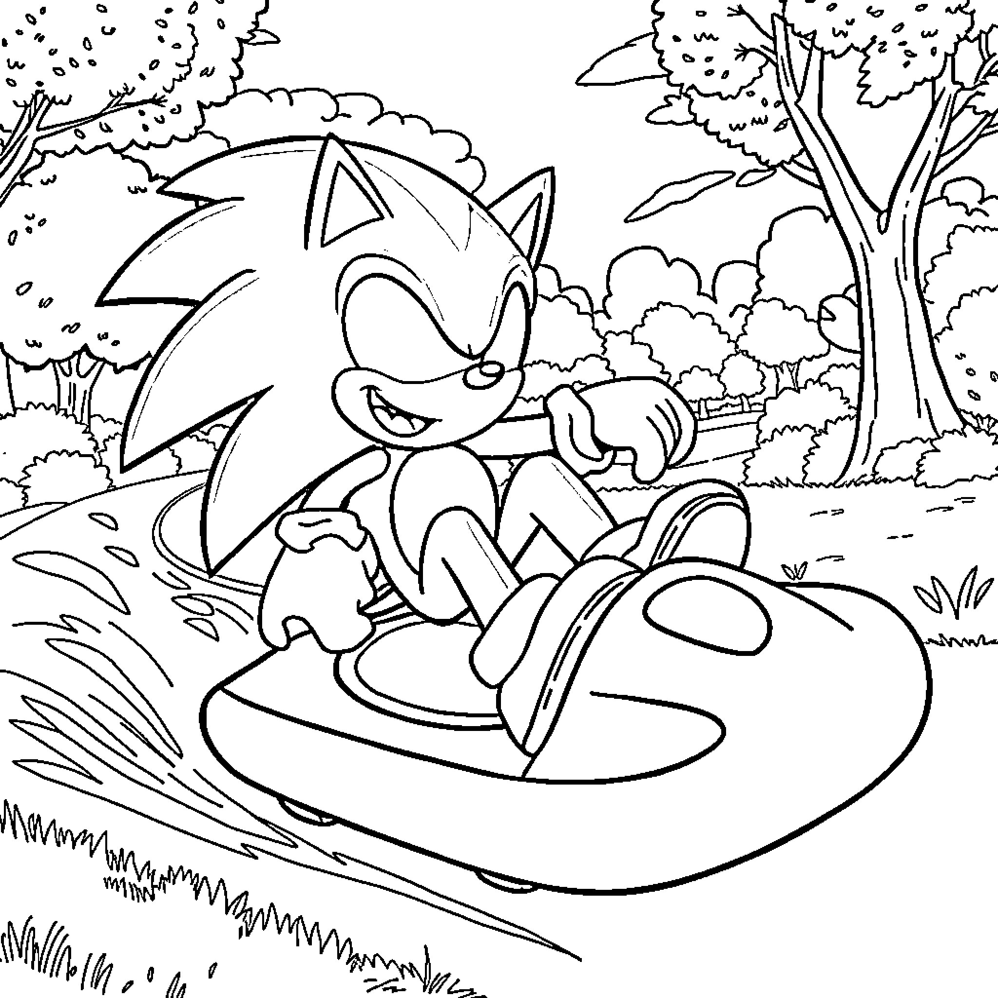 Sonic speeding through an outdoor scene Coloring Page (free black-and-white line drawing printable PDF for all, from beginners to advanced learners, including children, teens, adults, and seniors)