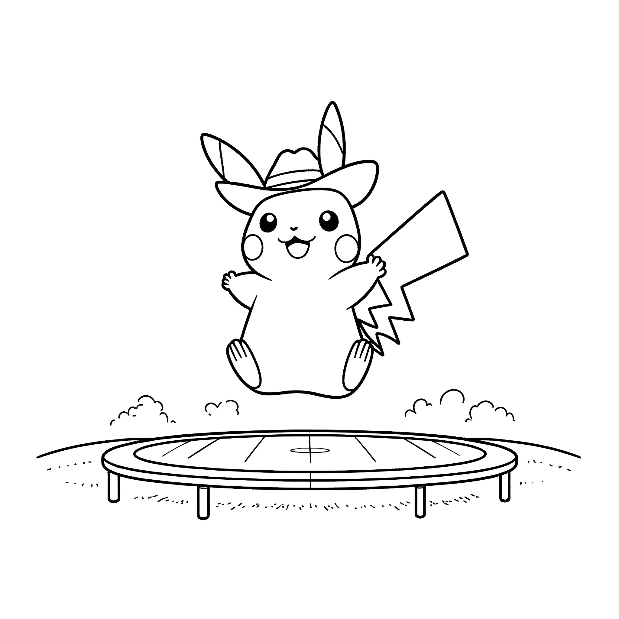 Pikachu jumping on trampoline happily Coloring Page (free black-and-white line drawing printable PDF for all, from beginners to advanced learners, including children, teens, adults, and seniors)