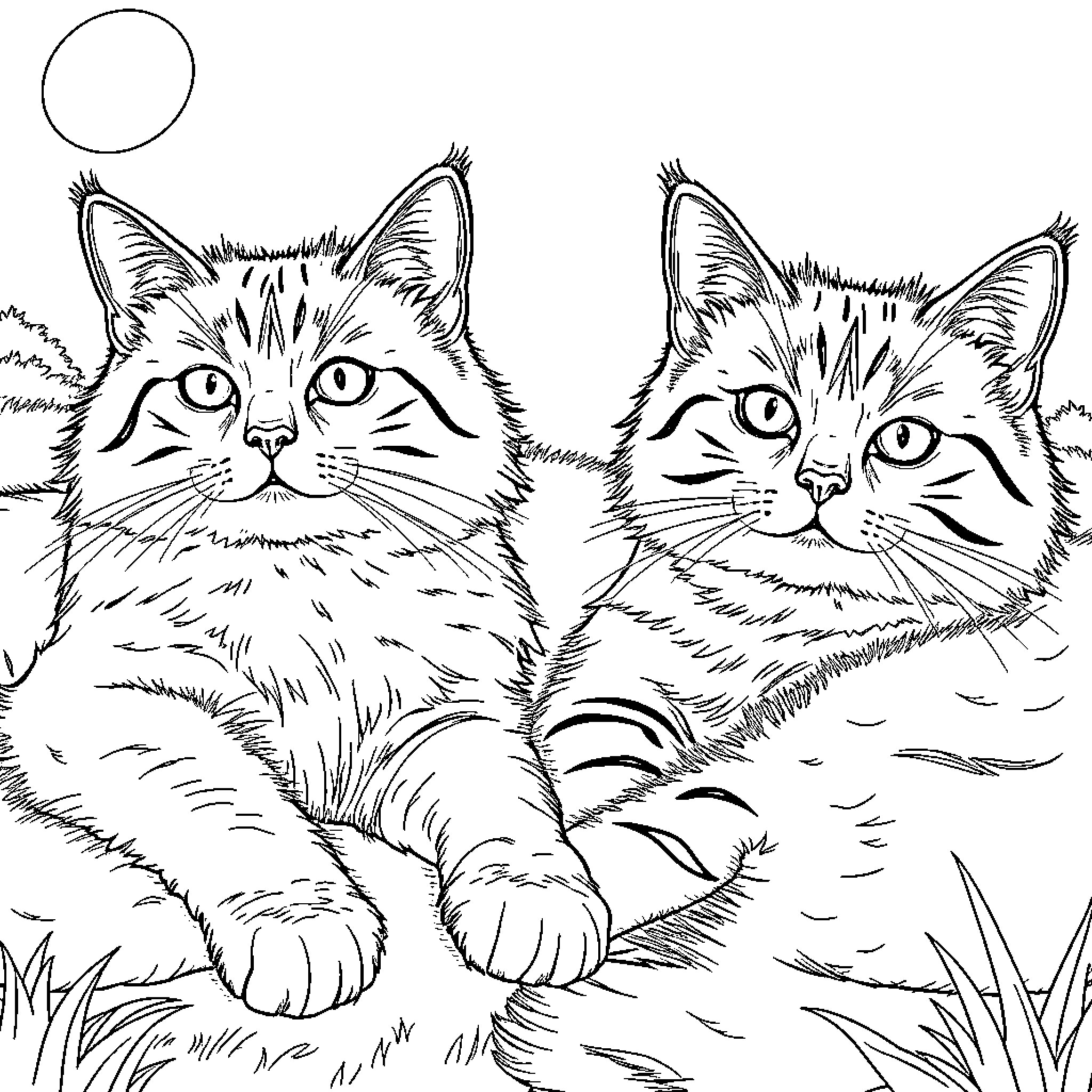 Cat Companions Relaxing in the Grass Coloring Page (free black-and-white line drawing printable PDF for all, from beginners to advanced learners, including children, teens, adults, and seniors)