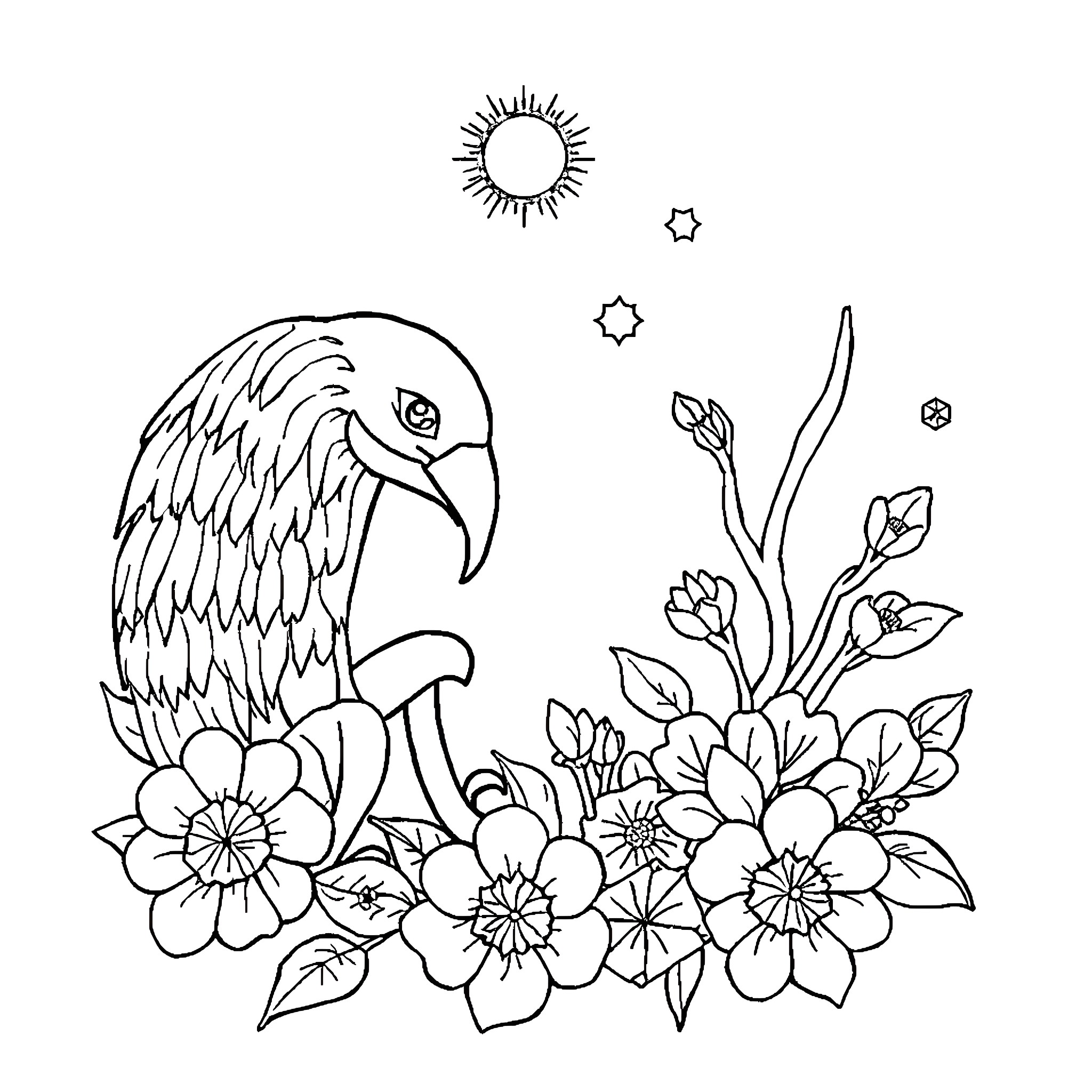 Superman surrounded by flowers and nature Coloring Page (free black-and-white line drawing printable PDF for all, from beginners to advanced learners, including children, teens, adults, and seniors)