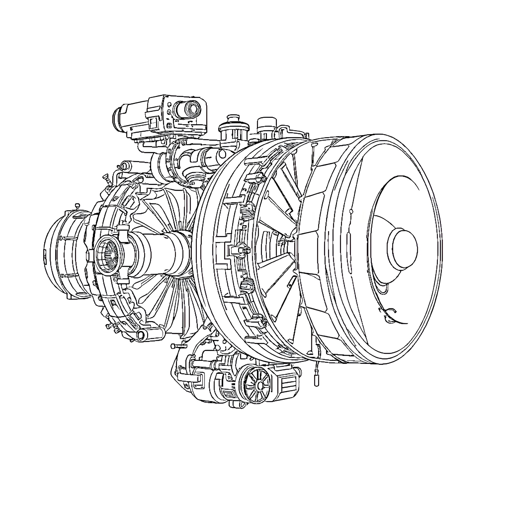 Turbofan Engine with Complex Mechanical Design Coloring Page (free black-and-white line drawing printable PDF for all, from beginners to advanced learners, including children, teens, adults, and seniors)