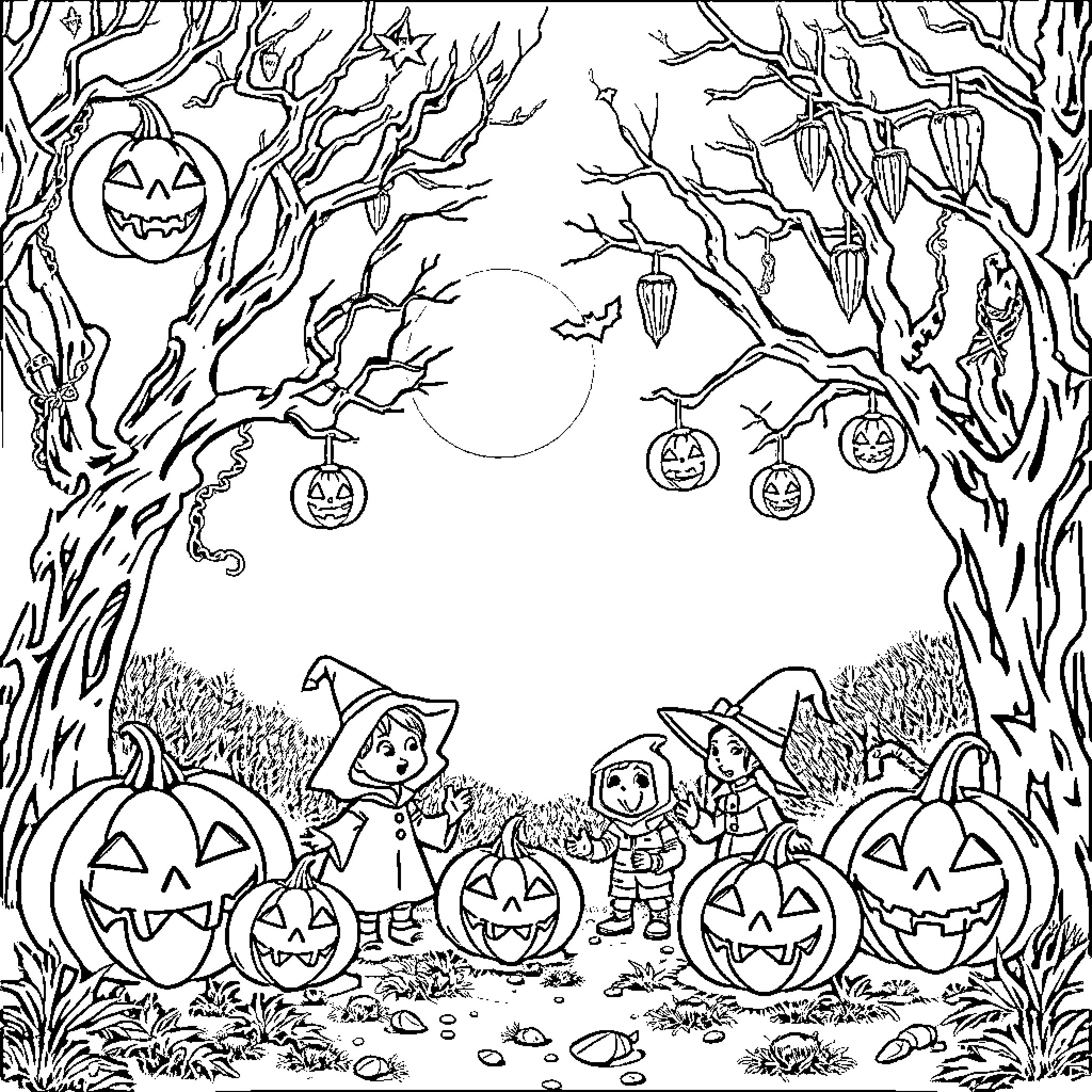 Halloween trick-or-treaters in a spooky forest Coloring Page (free black-and-white line drawing printable PDF for all, from beginners to advanced learners, including children, teens, adults, and seniors)